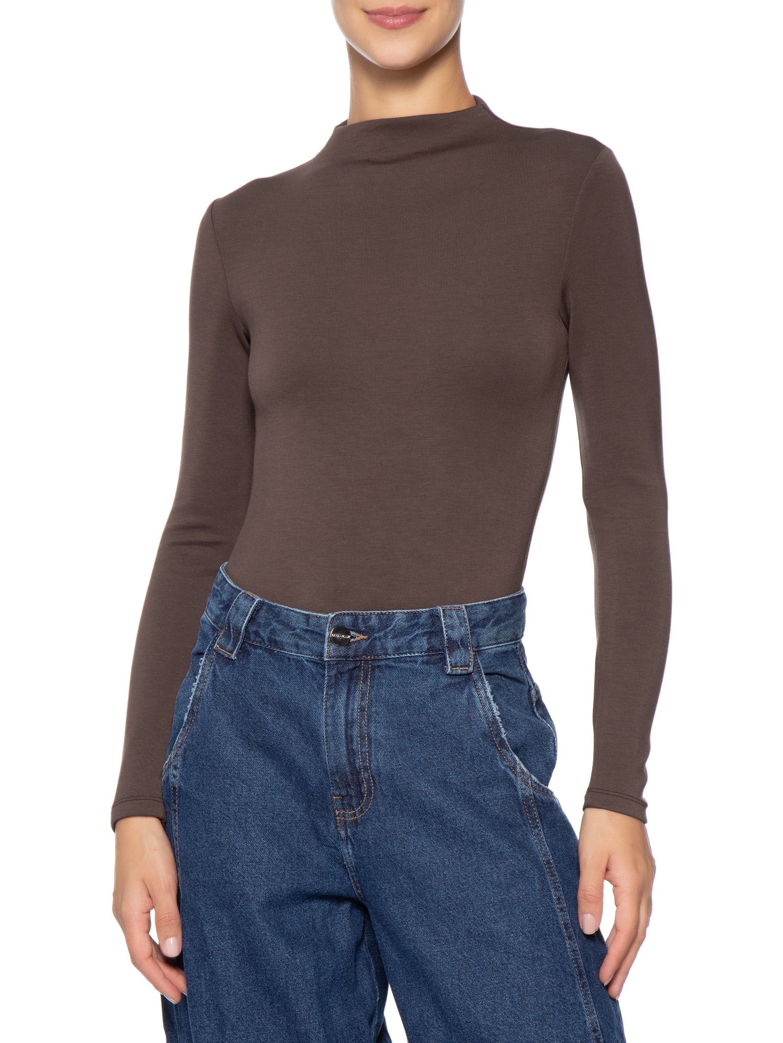 Body Feminino Gola Alta Manga Longa Marrom Basiq