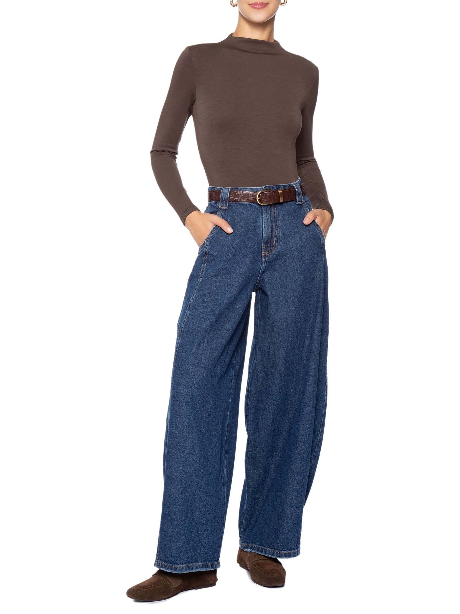 Body Feminino Gola Alta Manga Longa – Marrom Basiq