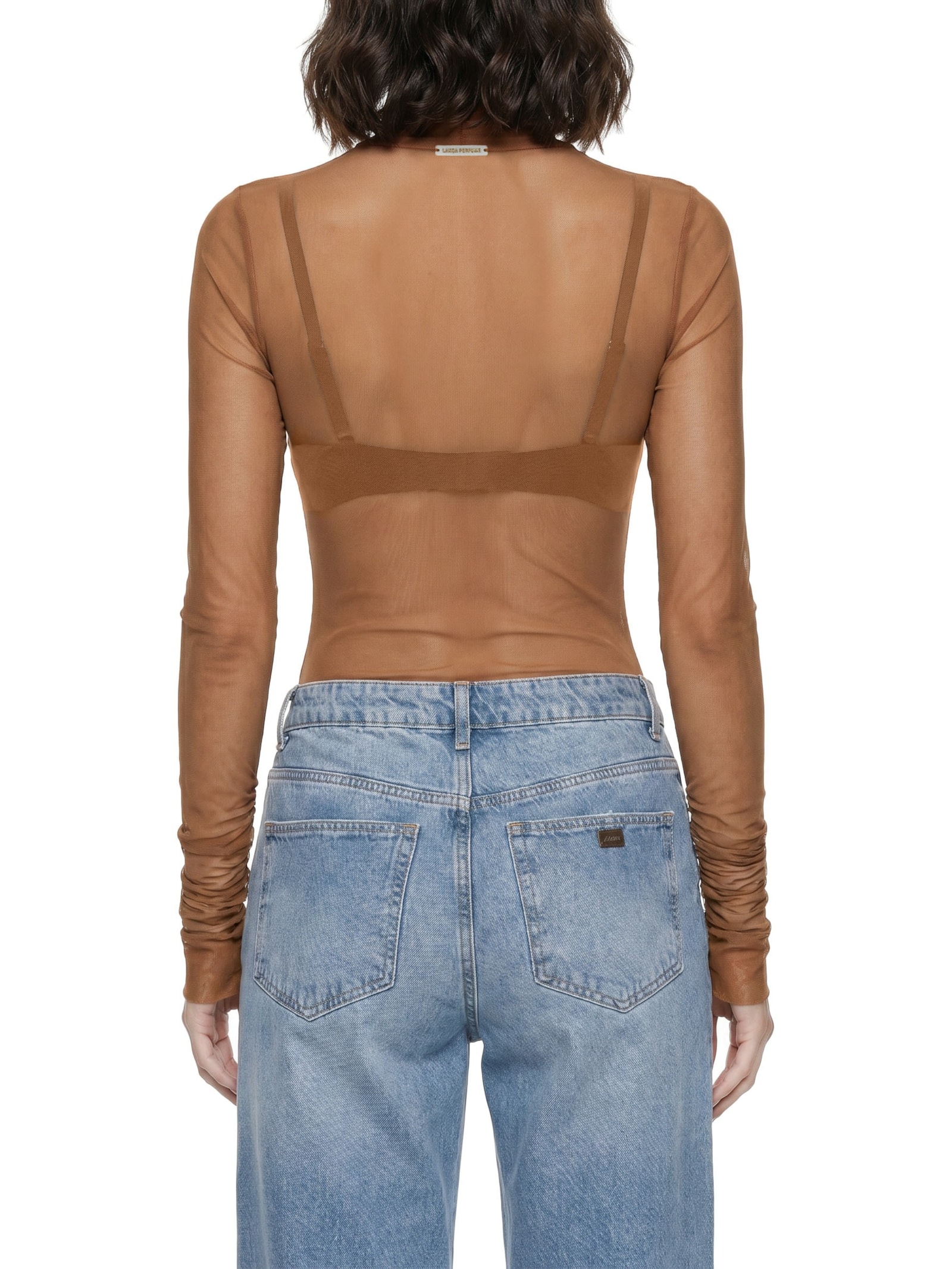 Body Feminino Manga Longa De Tule Marrom Lança Perfume