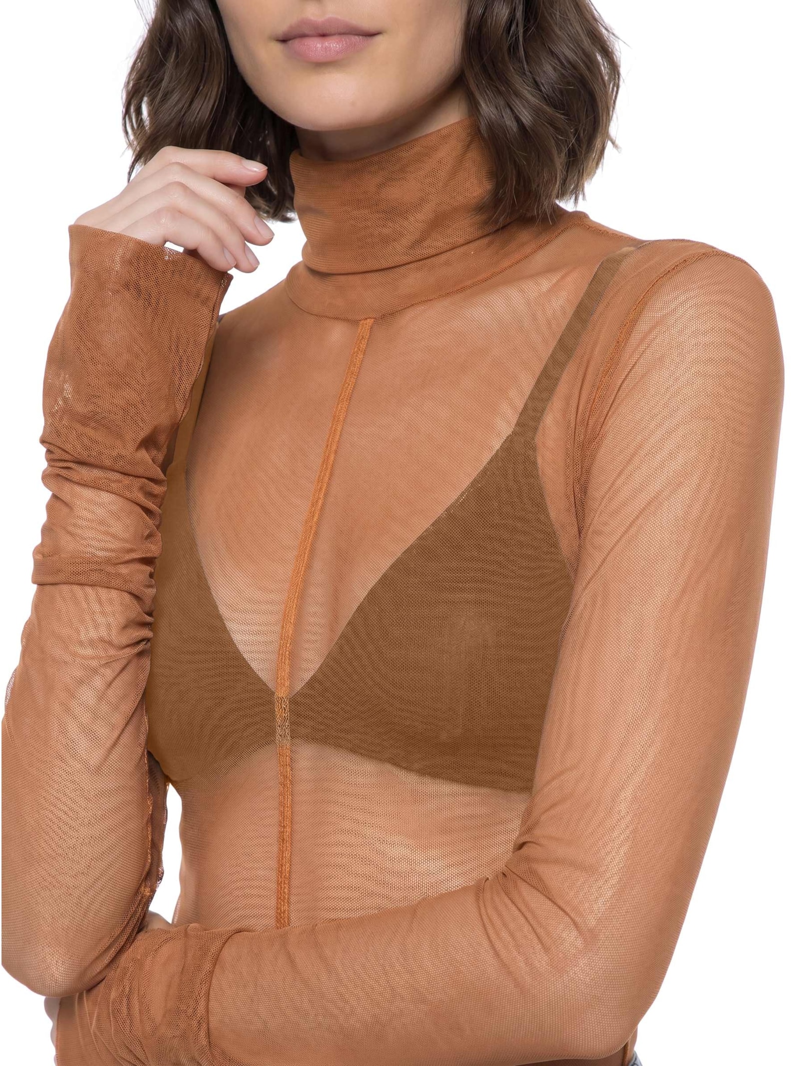 Body Feminino Manga Longa De Tule Marrom Lança Perfume