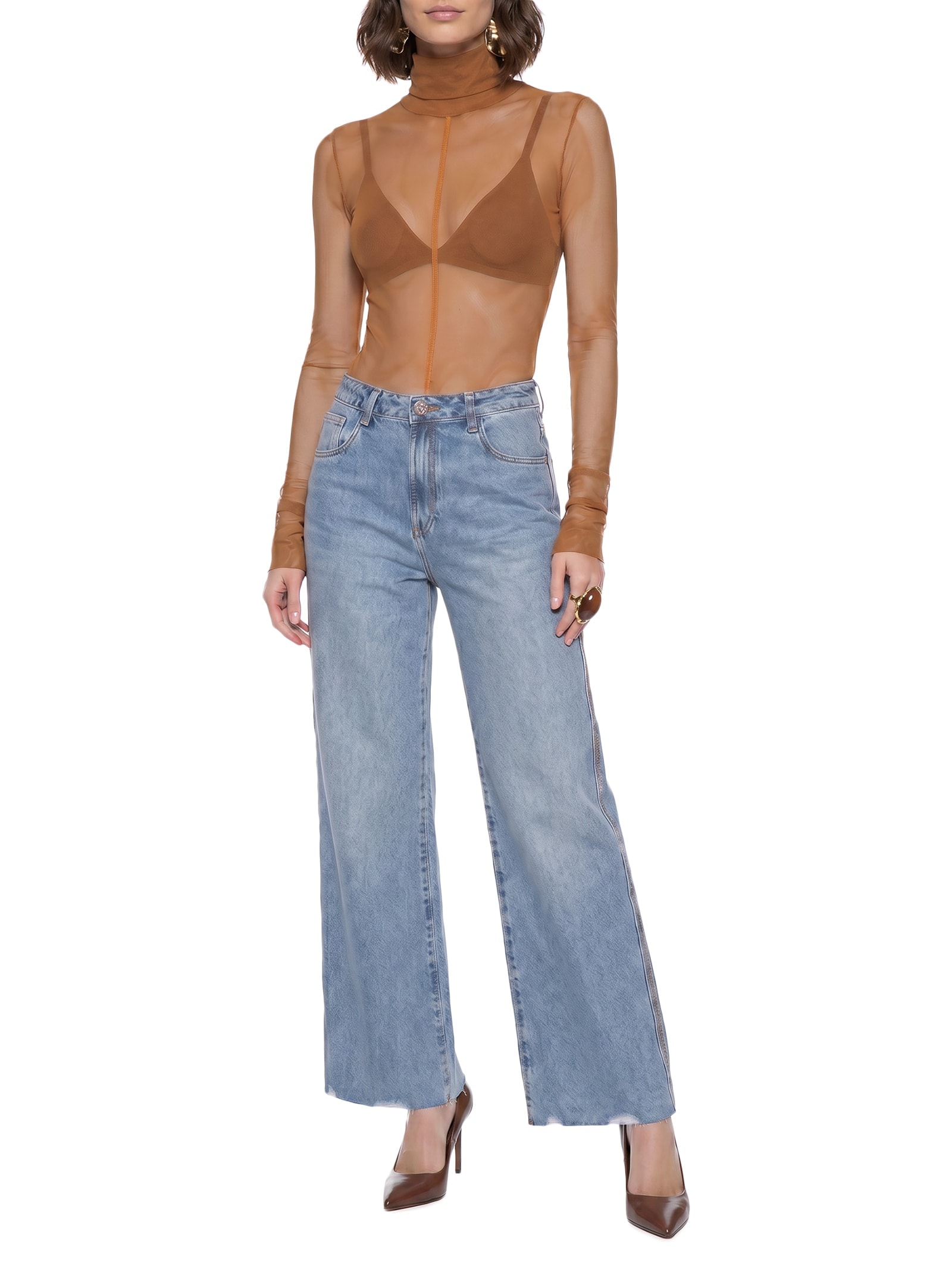 Body Feminino Manga Longa De Tule Marrom Lança Perfume