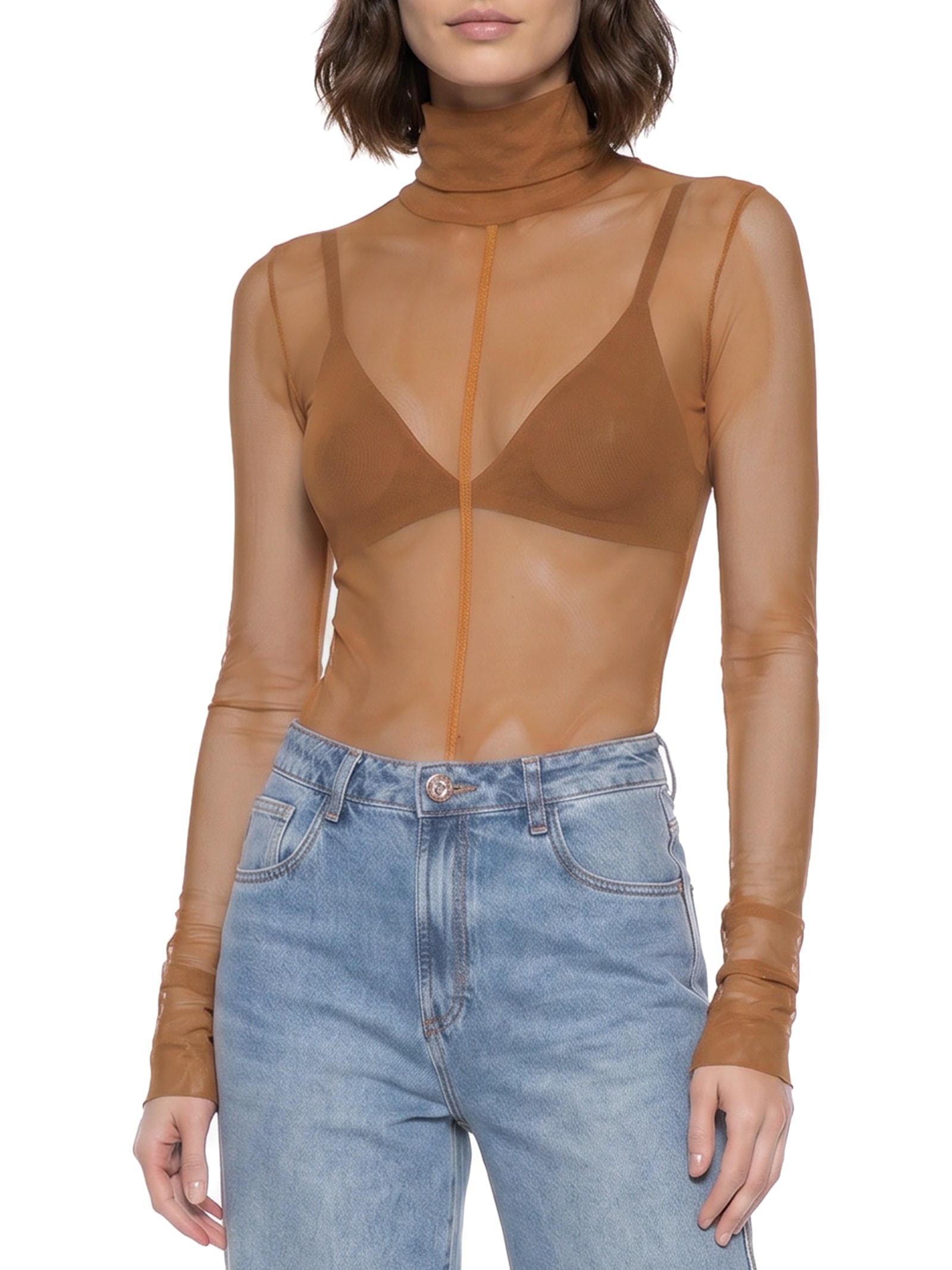 Body Feminino Manga Longa De Tule Marrom Lança Perfume