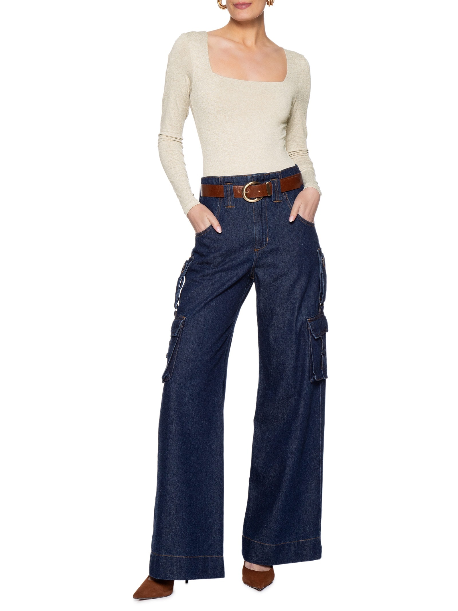 Body Feminino Manga Longa E Decote Quadrado Bege '2Essential