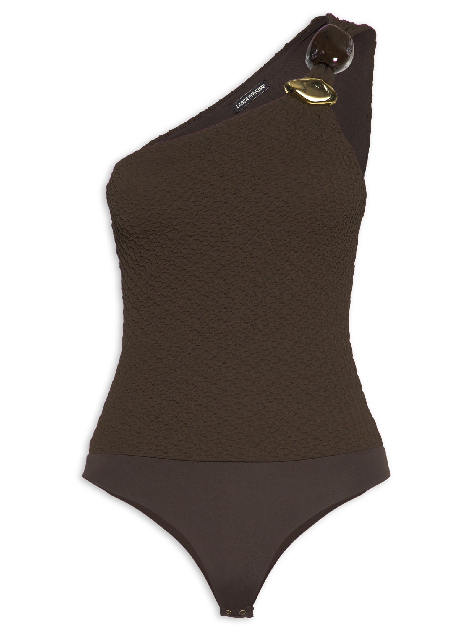 Body Feminino Ombro Único Com Aviamento Marrom Lança Perfume