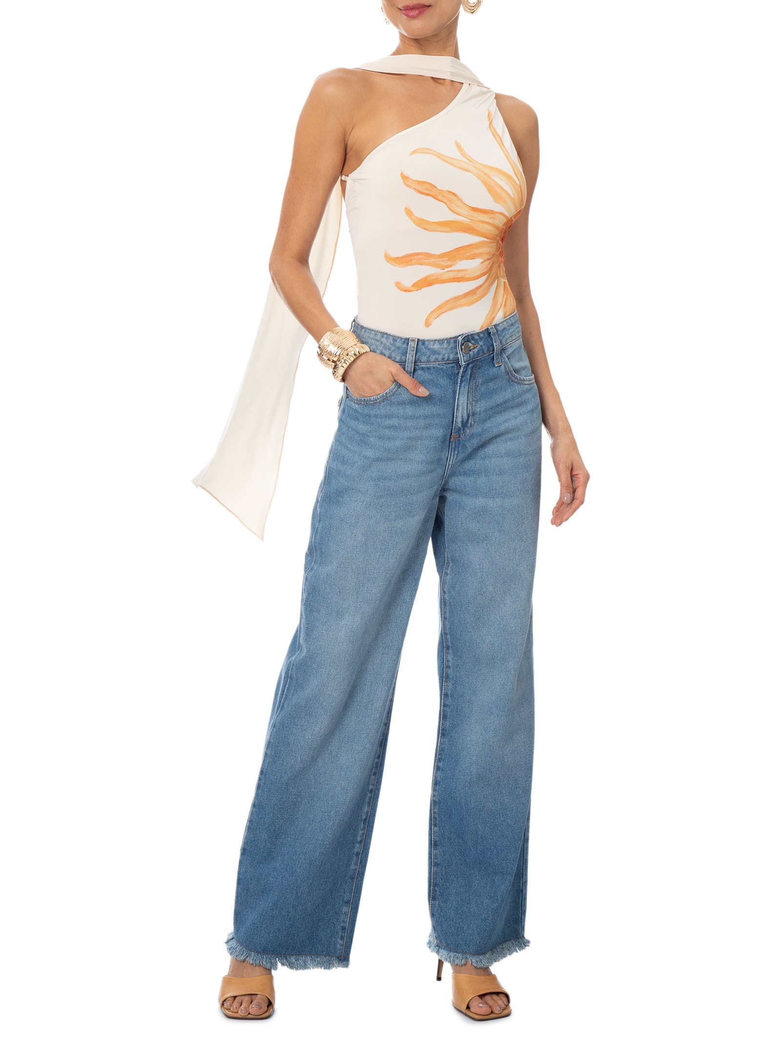 Body Feminino Ombro Único com Faixa Removível Bege My Favorite