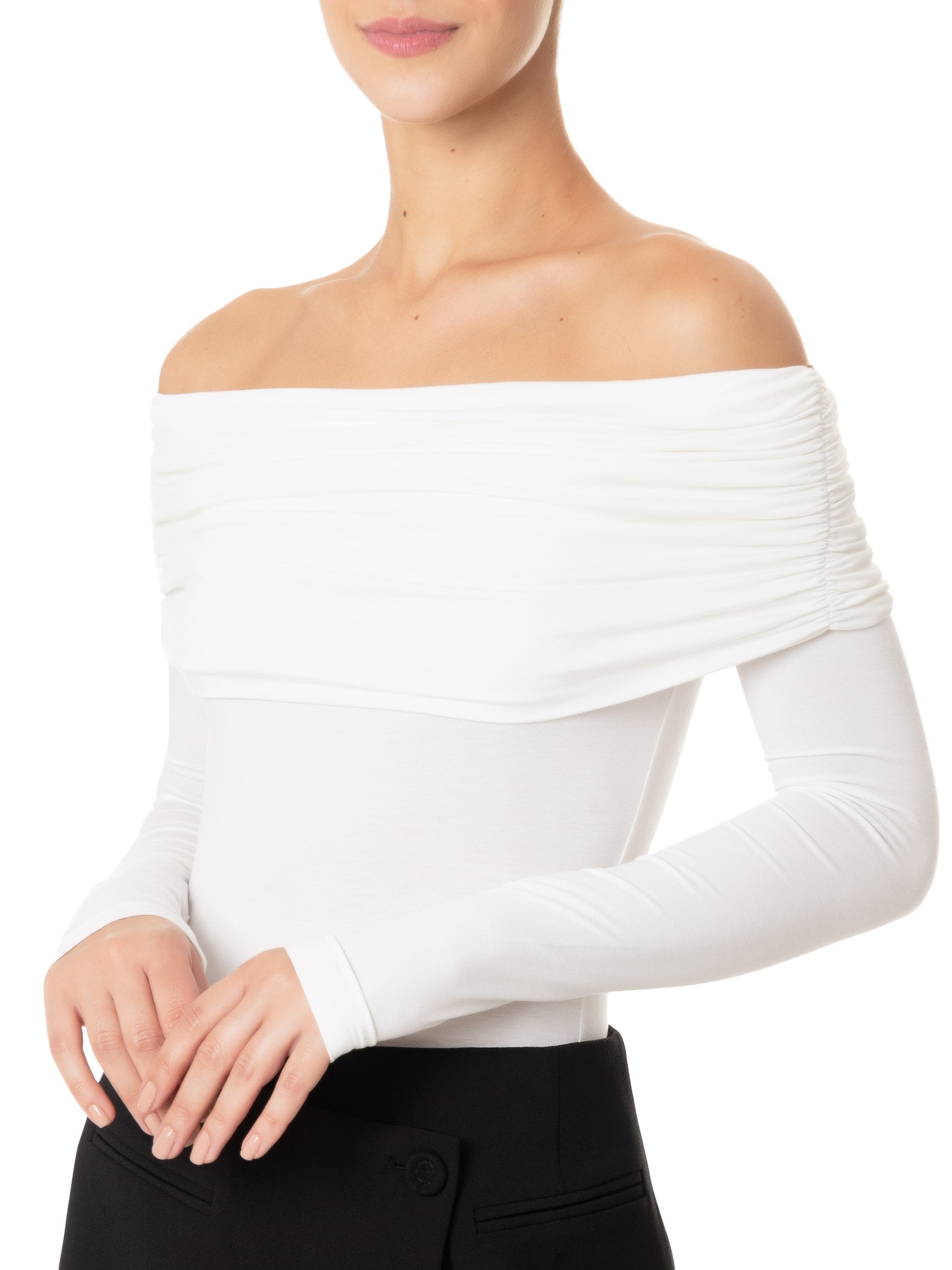 Body Manga Longa Com Sobreposição Franzida Off White Market 33