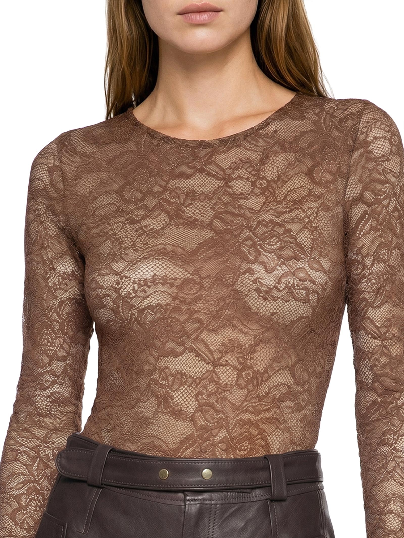 Body Manga Longa Marrom Lança Perfume