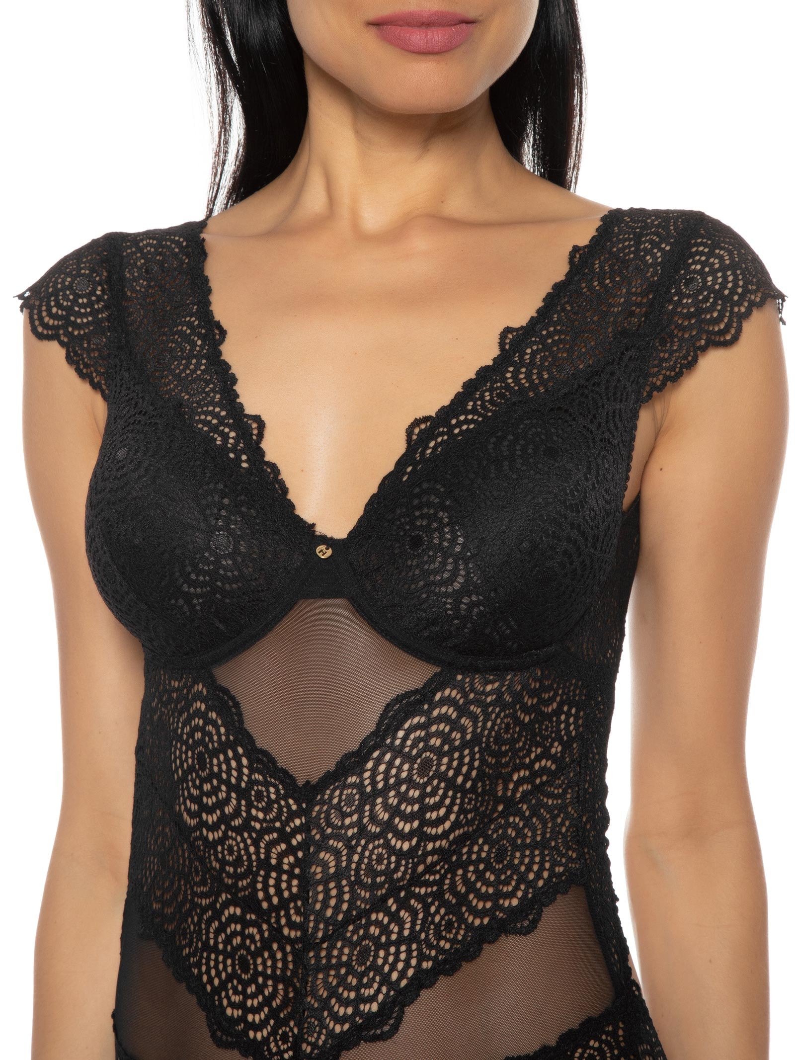 Body Mangas Curtas Com Bojo Removível Em Renda Preto Hope