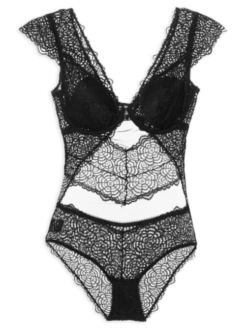 Body Mangas Curtas Com Bojo Removível Em Renda – Preto