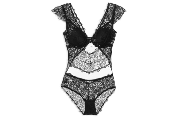 Body Mangas Curtas Com Bojo Removível Em Renda - Preto