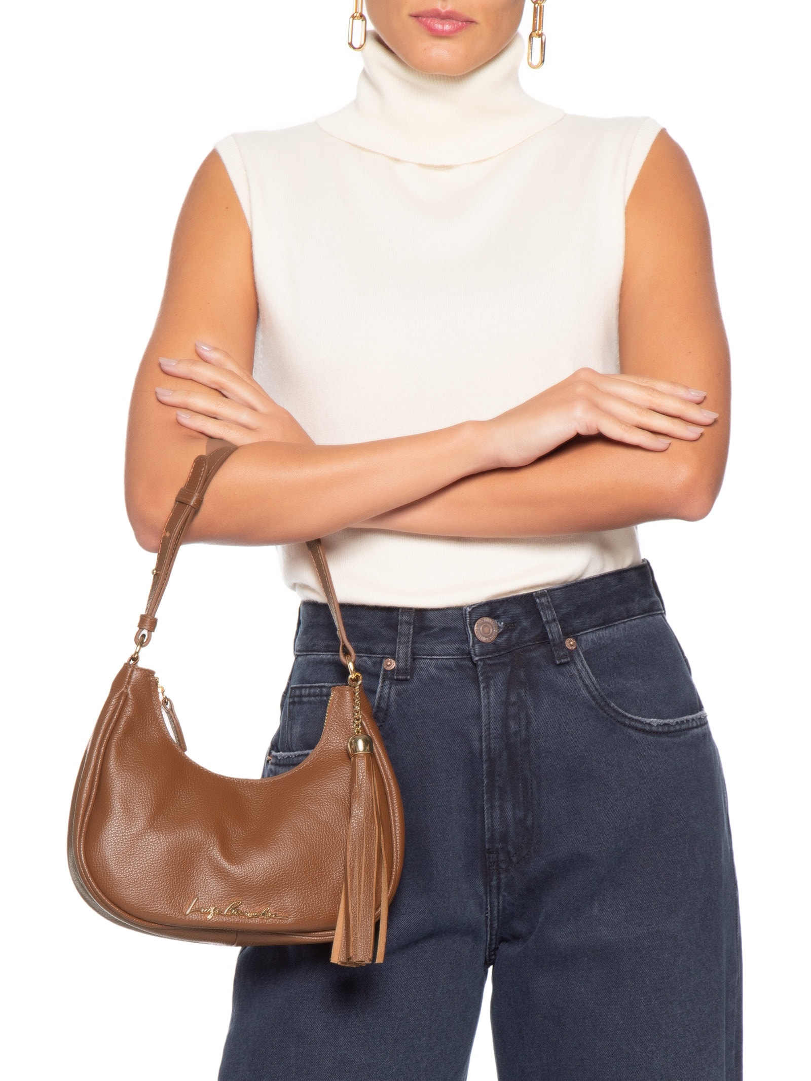 Bolsa Feminina Baguete Meia Lua Em Couro Marrom Luiza Barcelos