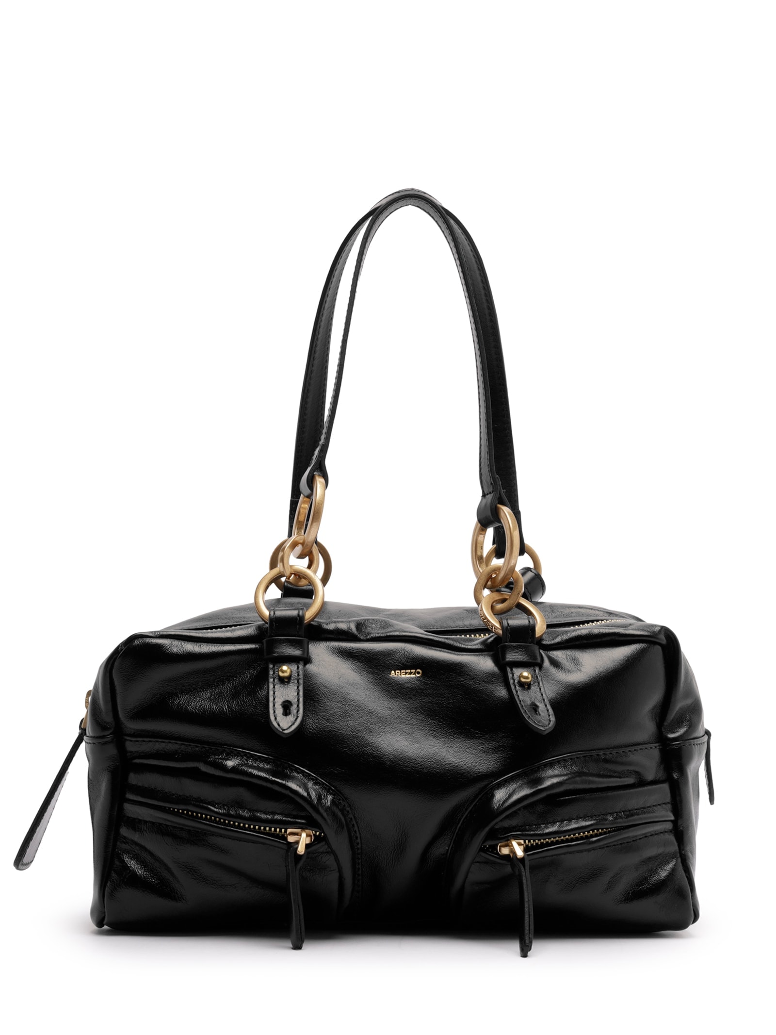 Bolsa Feminina Bowling Couro Verniz Média Bolsos Preto Arezzo