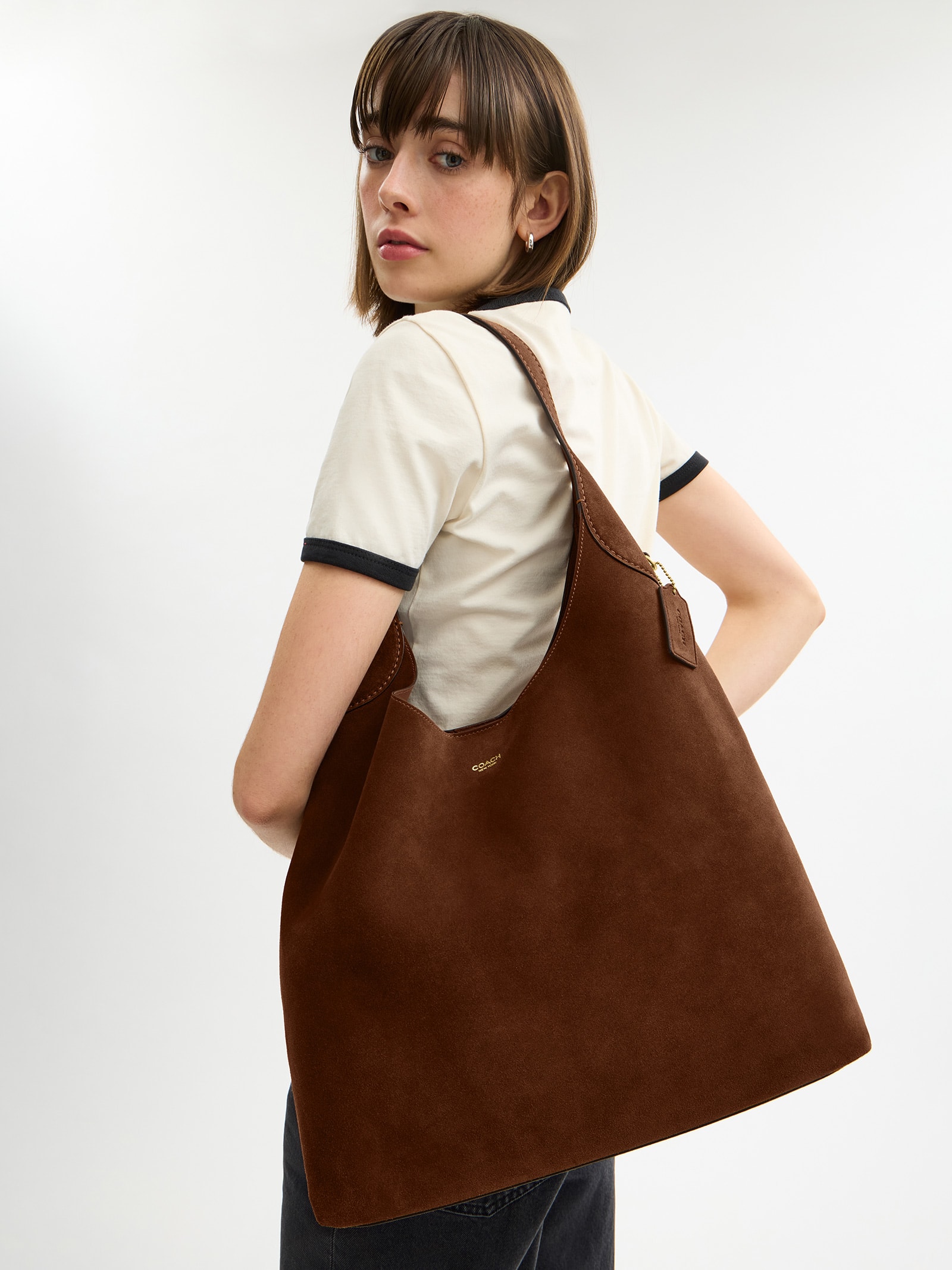 Bolsa Feminina Brooklyn Shoulder 39 Suede Warm Marrom Coach