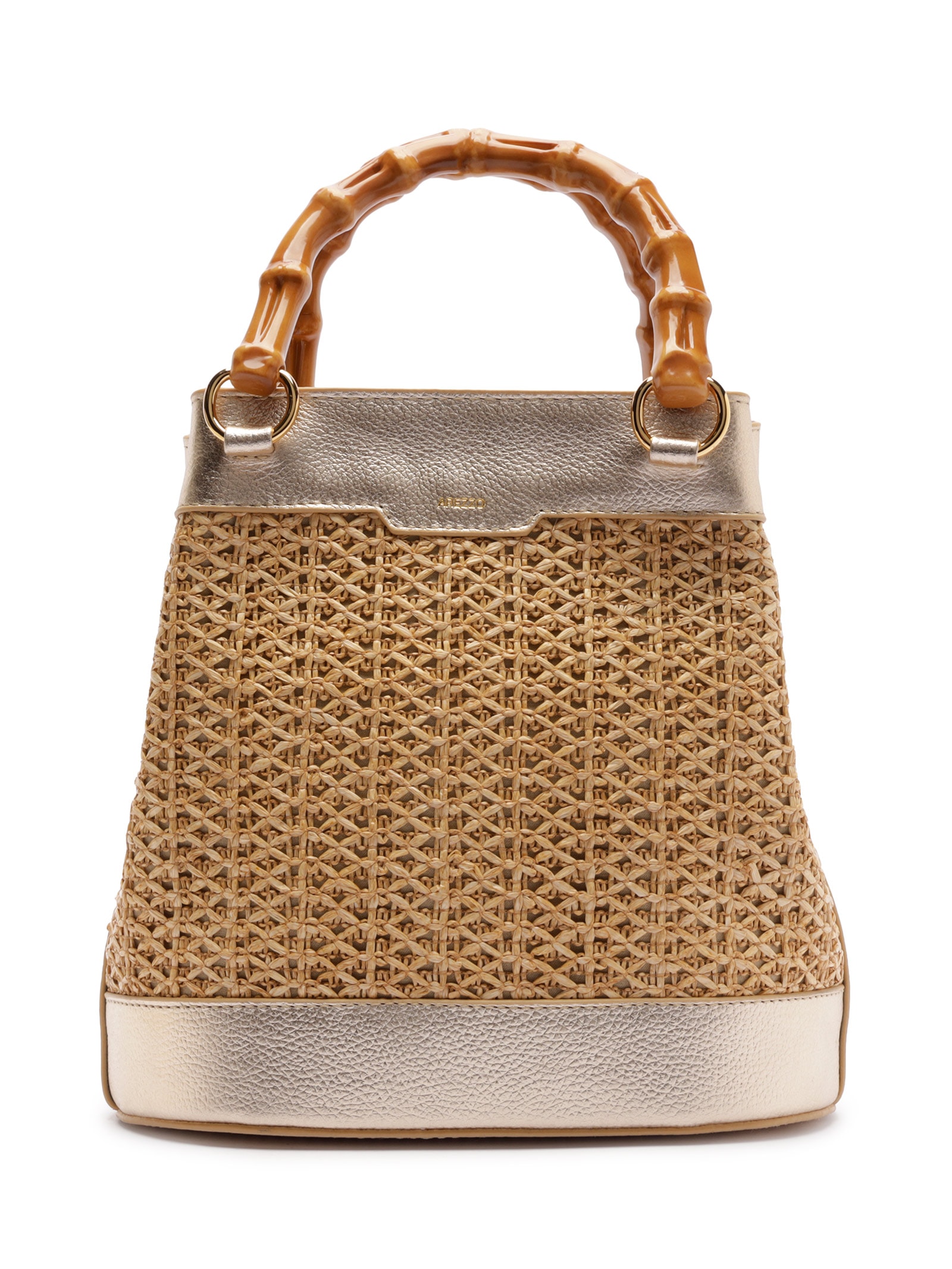 Bolsa Feminina Bucket Couro Palha Média Dourado Arezzo + Isla