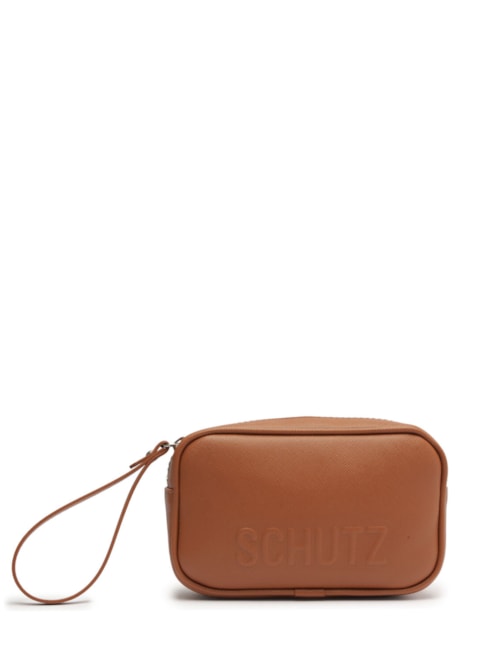 Bolsa Feminina Clutch Multimaterial Logo - Marrom