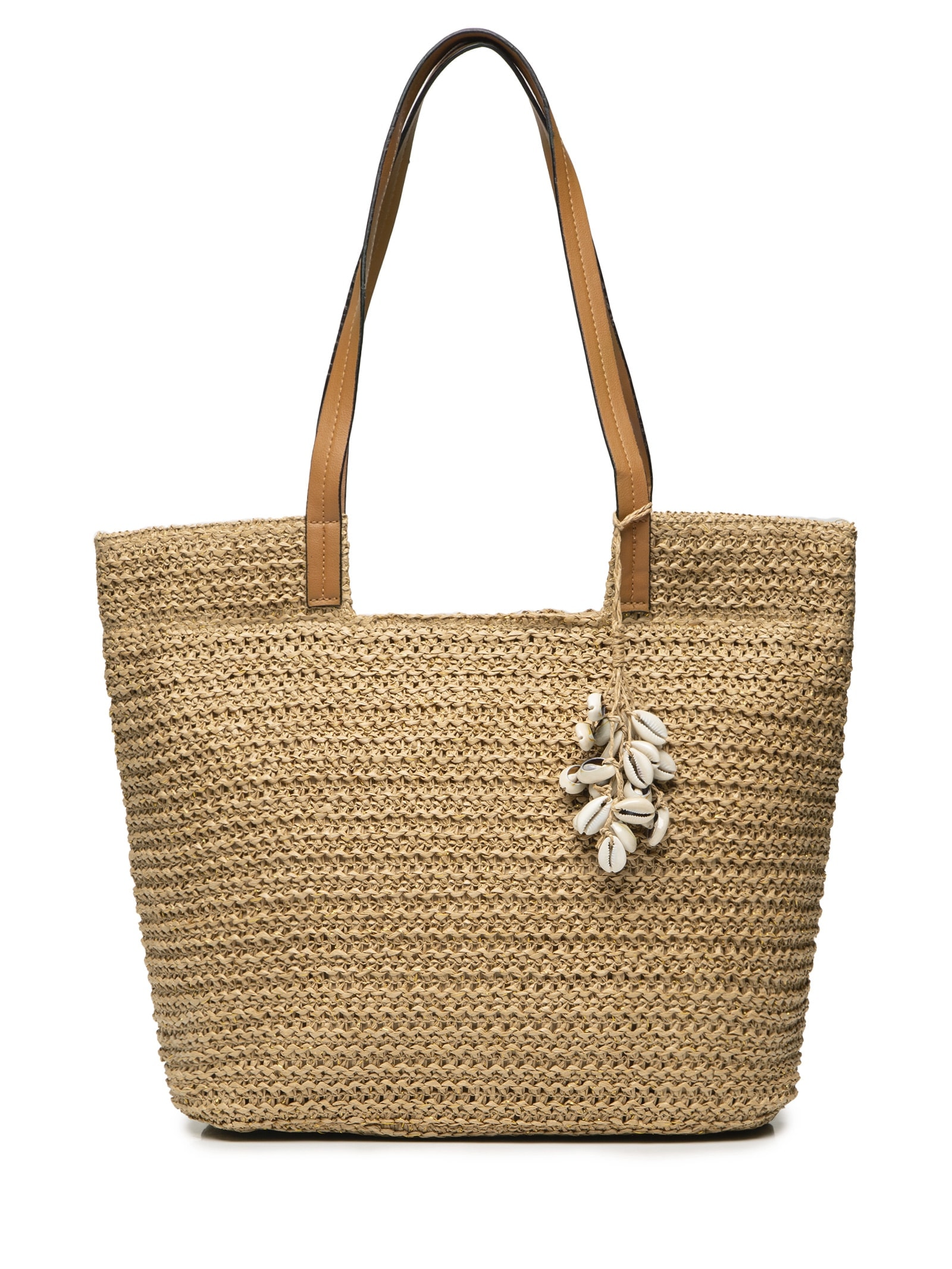 Bolsa Feminina De Palha Com Enfeite De Conchas Bege Mktbeach