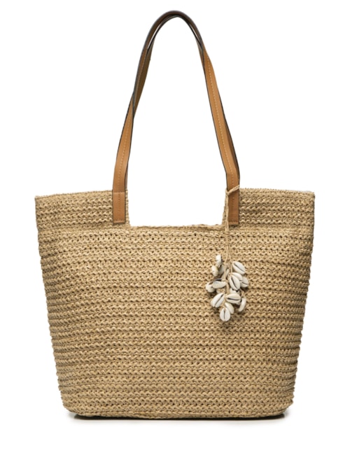 Bolsa Feminina De Palha Com Enfeite De Conchas – Bege