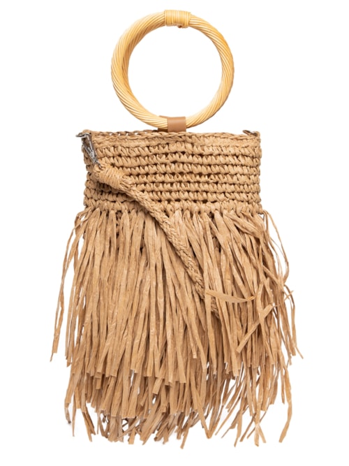 Bolsa Feminina De Palha Com Franjas – Bege