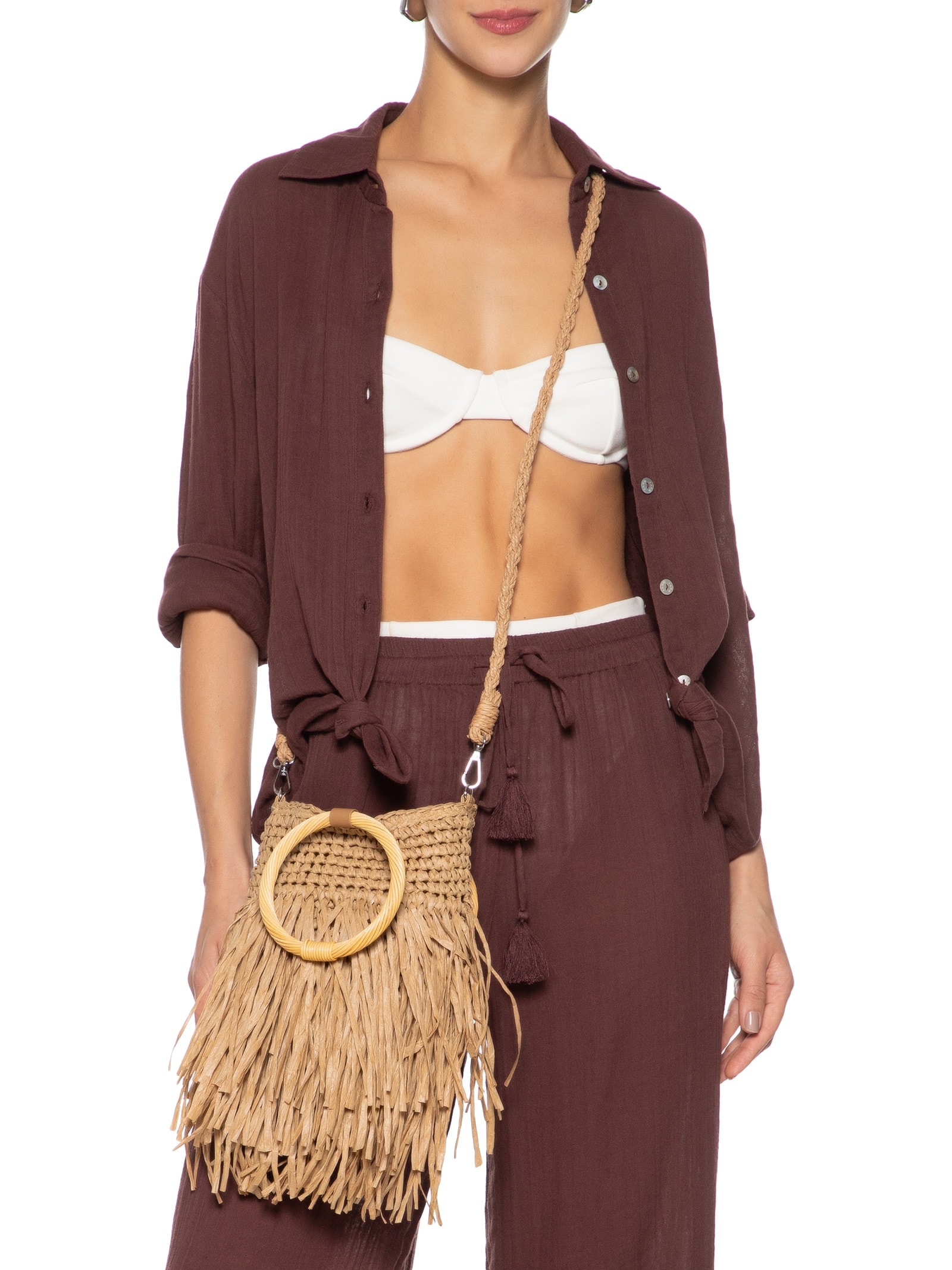 Bolsa Feminina De Palha Com Franjas Bege Mktbeach
