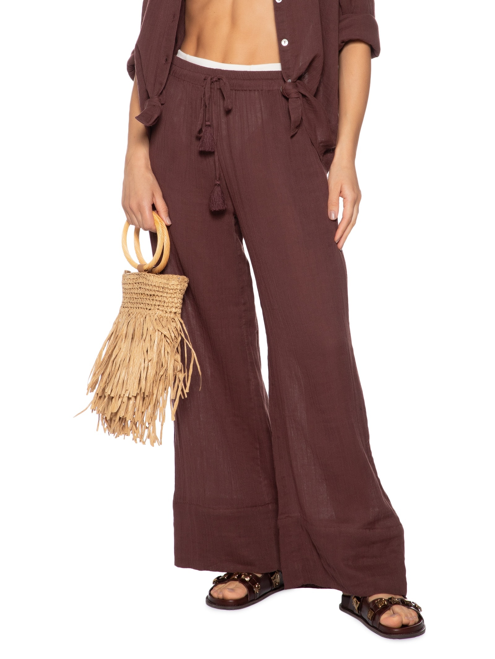 Bolsa Feminina De Palha Com Franjas Bege Mktbeach