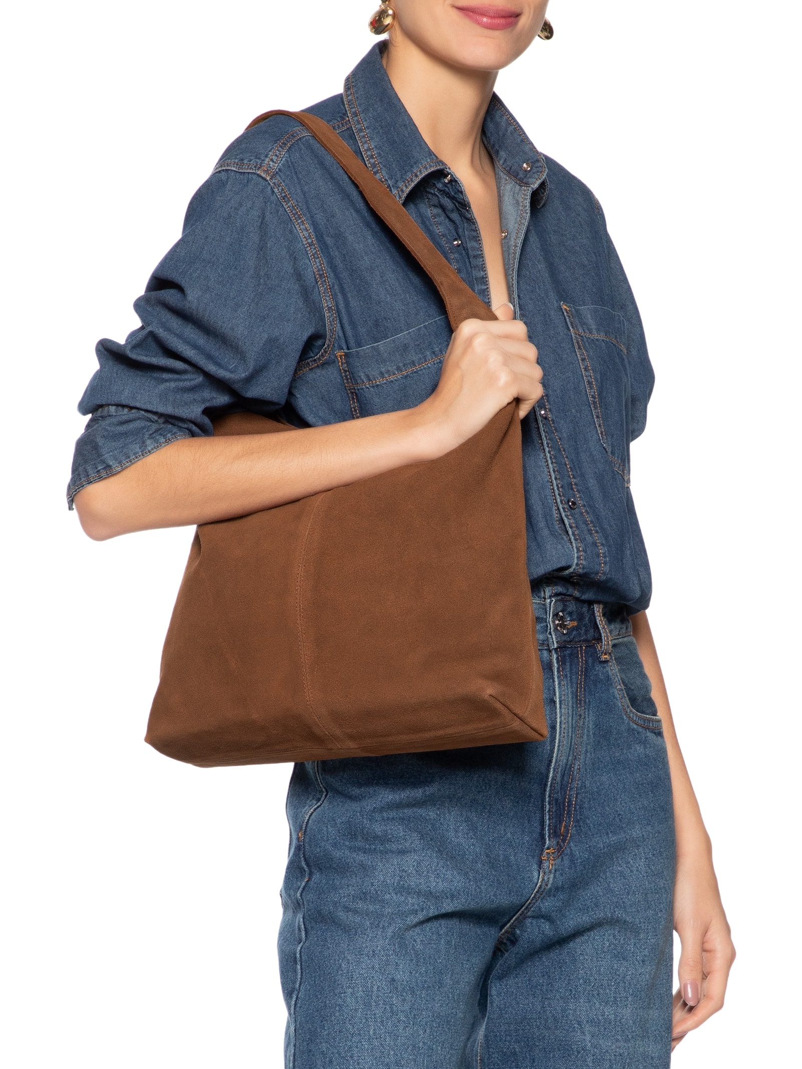 Bolsa Feminina Em Couro Camurça Marrom Market 33