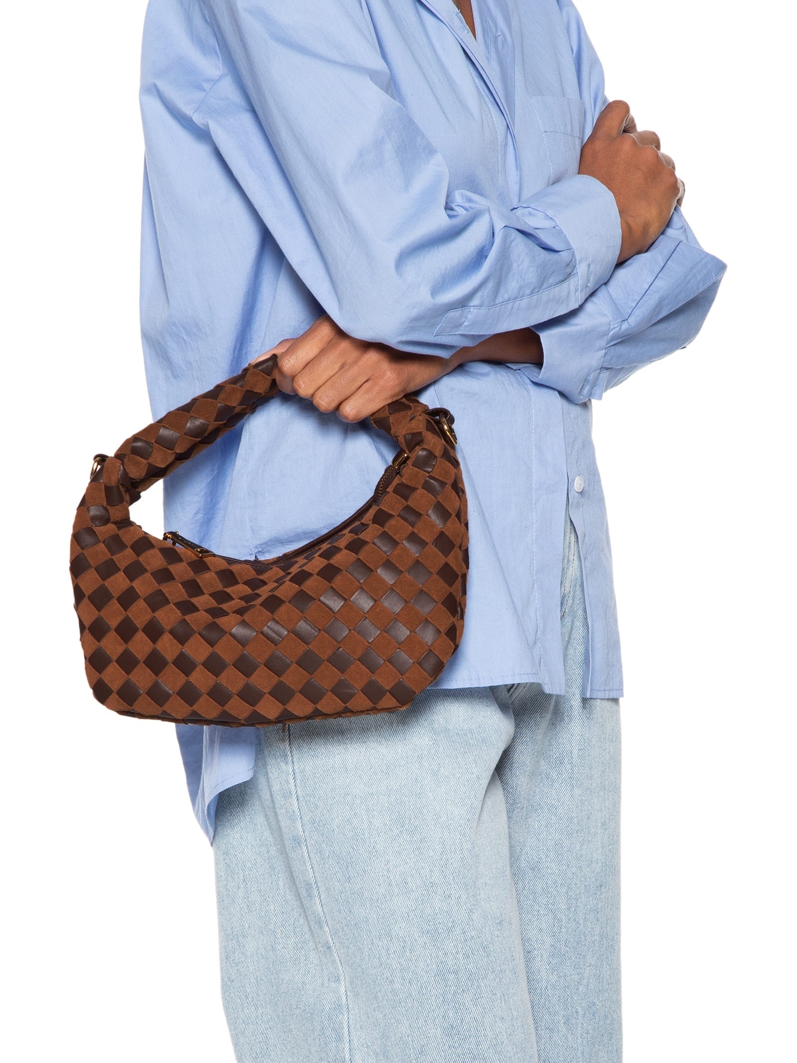 Bolsa Feminina Em Tressê De Camurça Média Marrom Luiza Barcelos