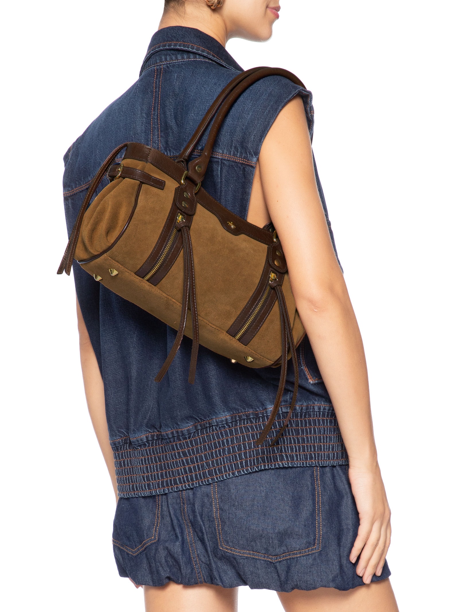 Bolsa Feminina Grande Baguete em Camurça Marrom Luiza Barcelos