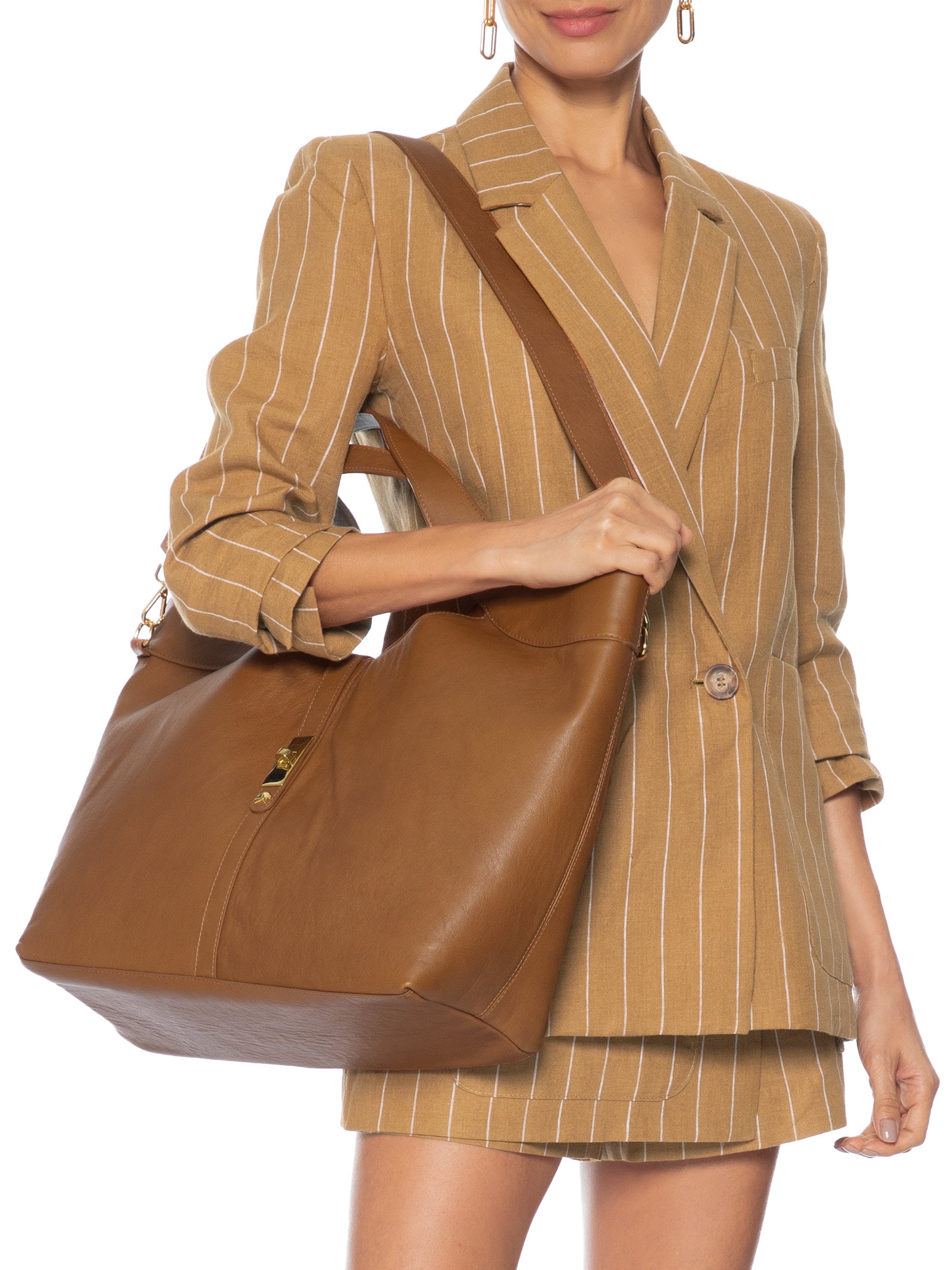 Bolsa Feminina Grande com Fecho Dourado Marrom Luiza Barcelos