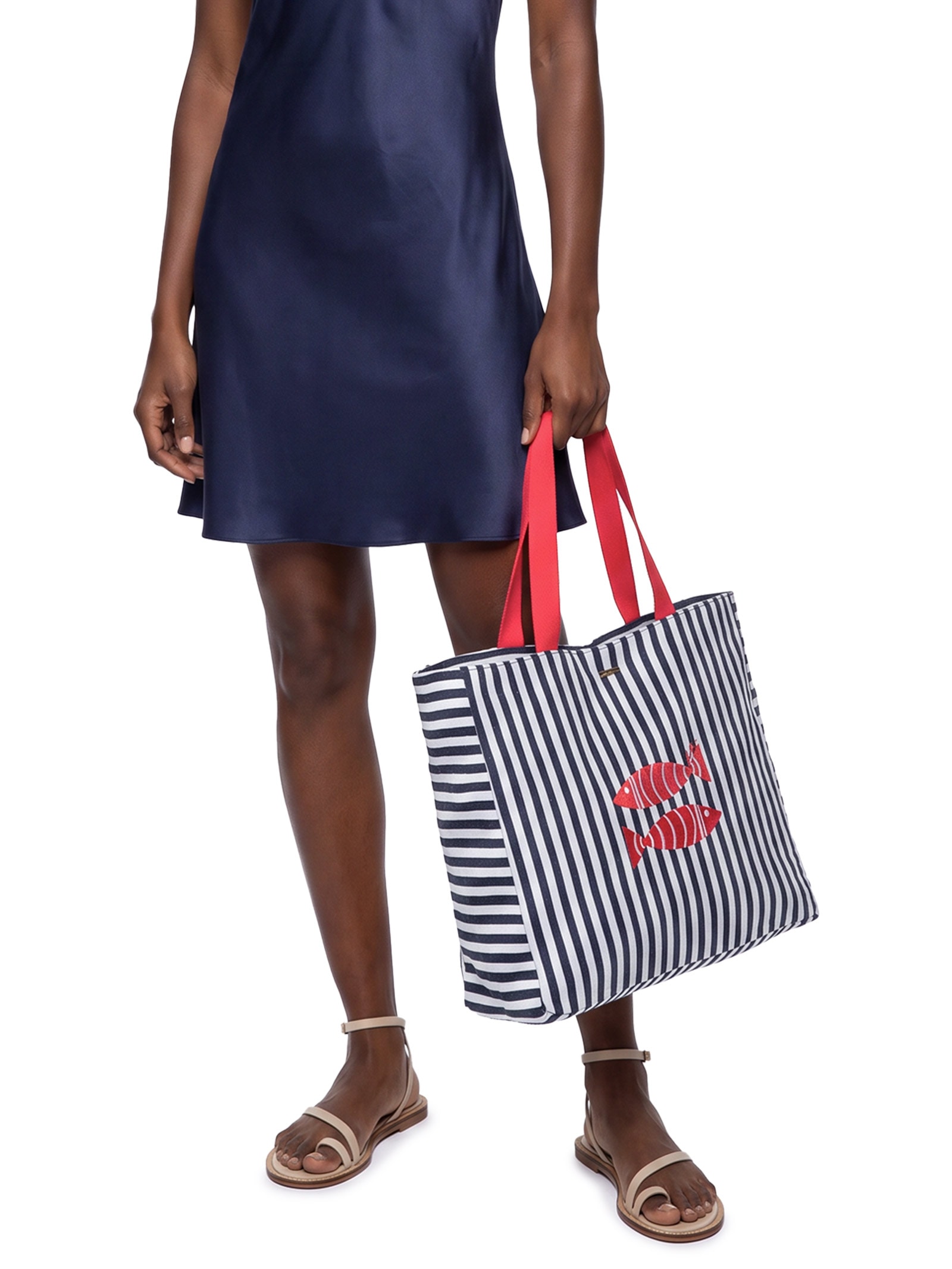Bolsa Feminina Listras Bordado Azul Cacay