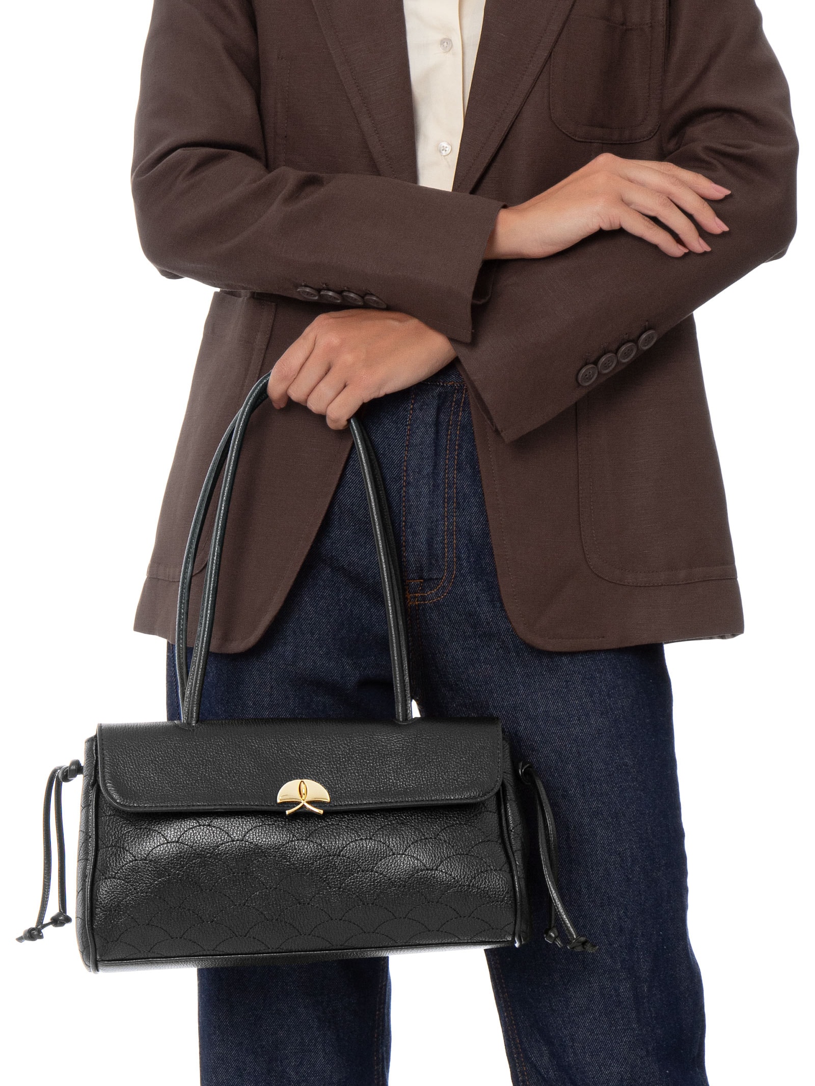 Bolsa Feminina Média Em Couro Com Bordado – Preto Luiza Barcelos