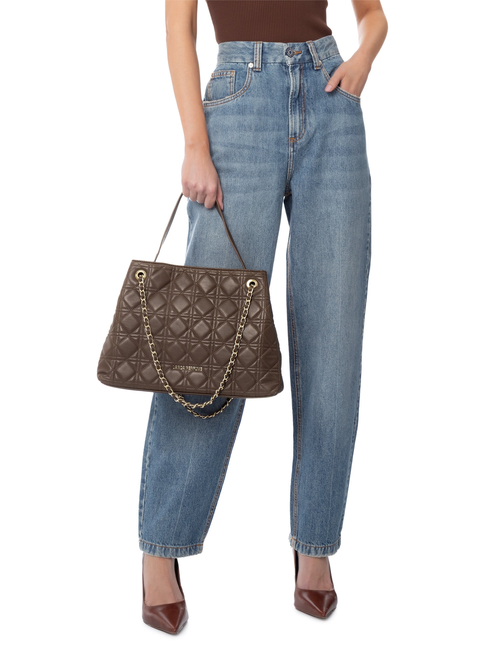 Bolsa Feminina Média Shopping Matelassê E Enfeite Marrom Lança Perfume