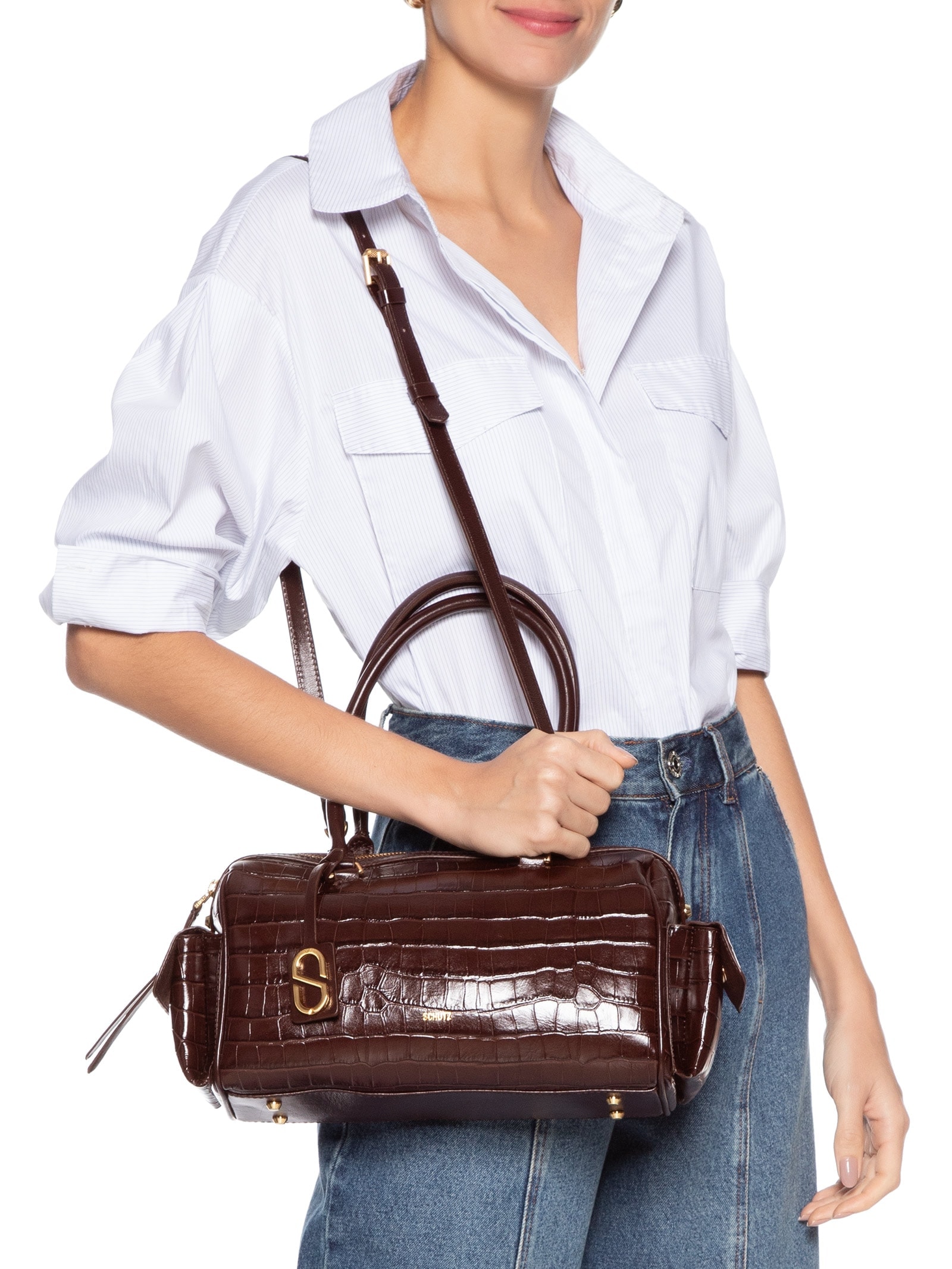 Bolsa Feminina Média Tay Couro Croco Marrom Schutz