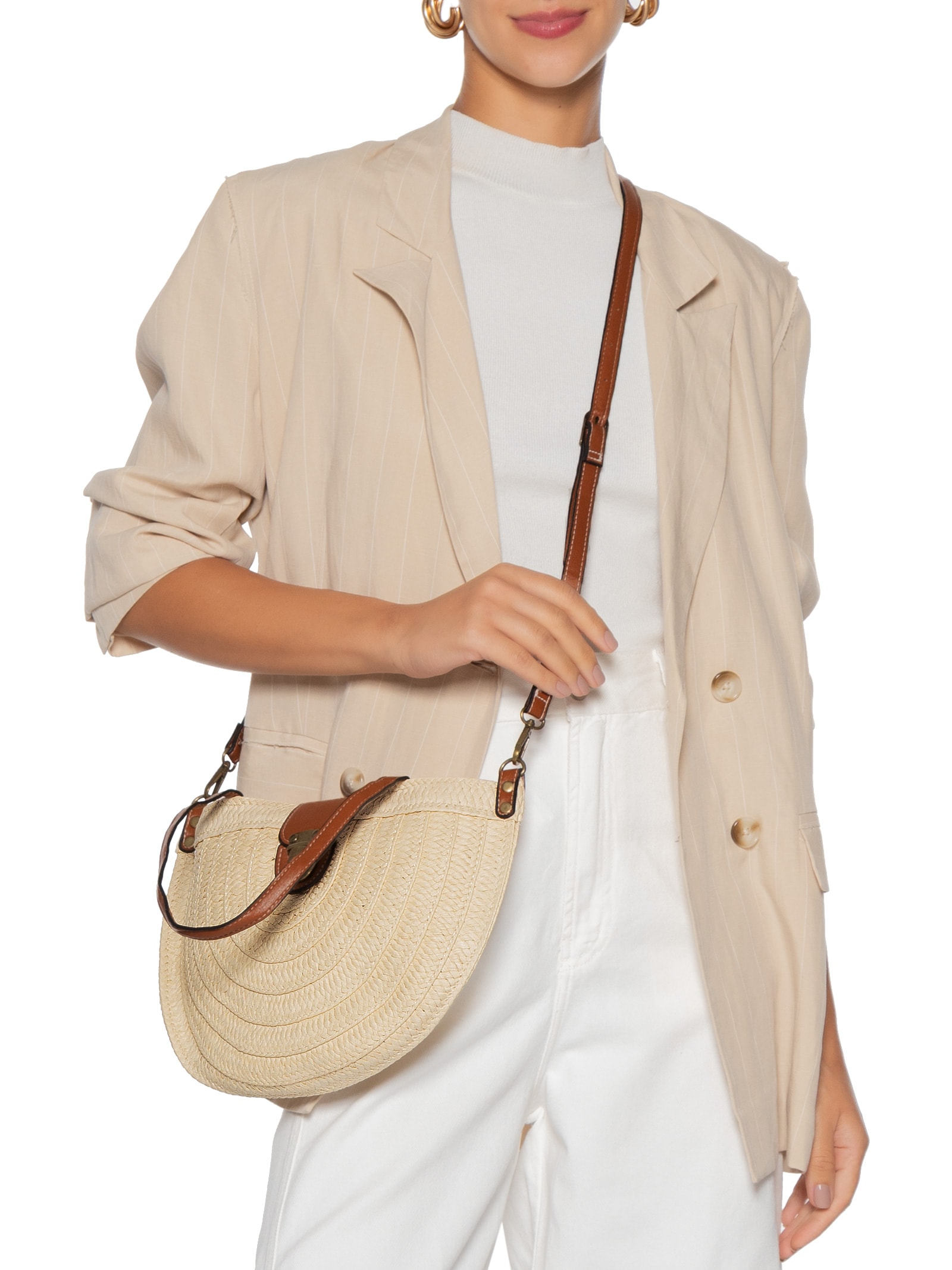 Bolsa Feminina Meia Lua Palha Off White Basiq