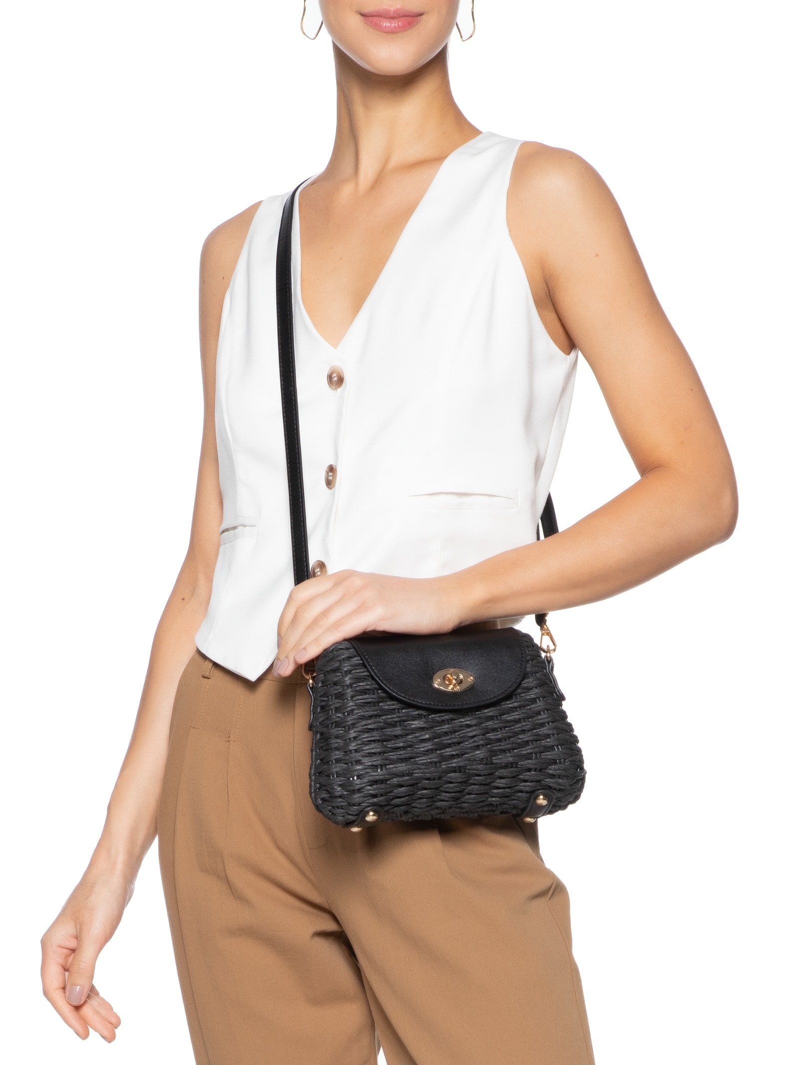 Bolsa Feminina Palha Baguete Preto Basiq