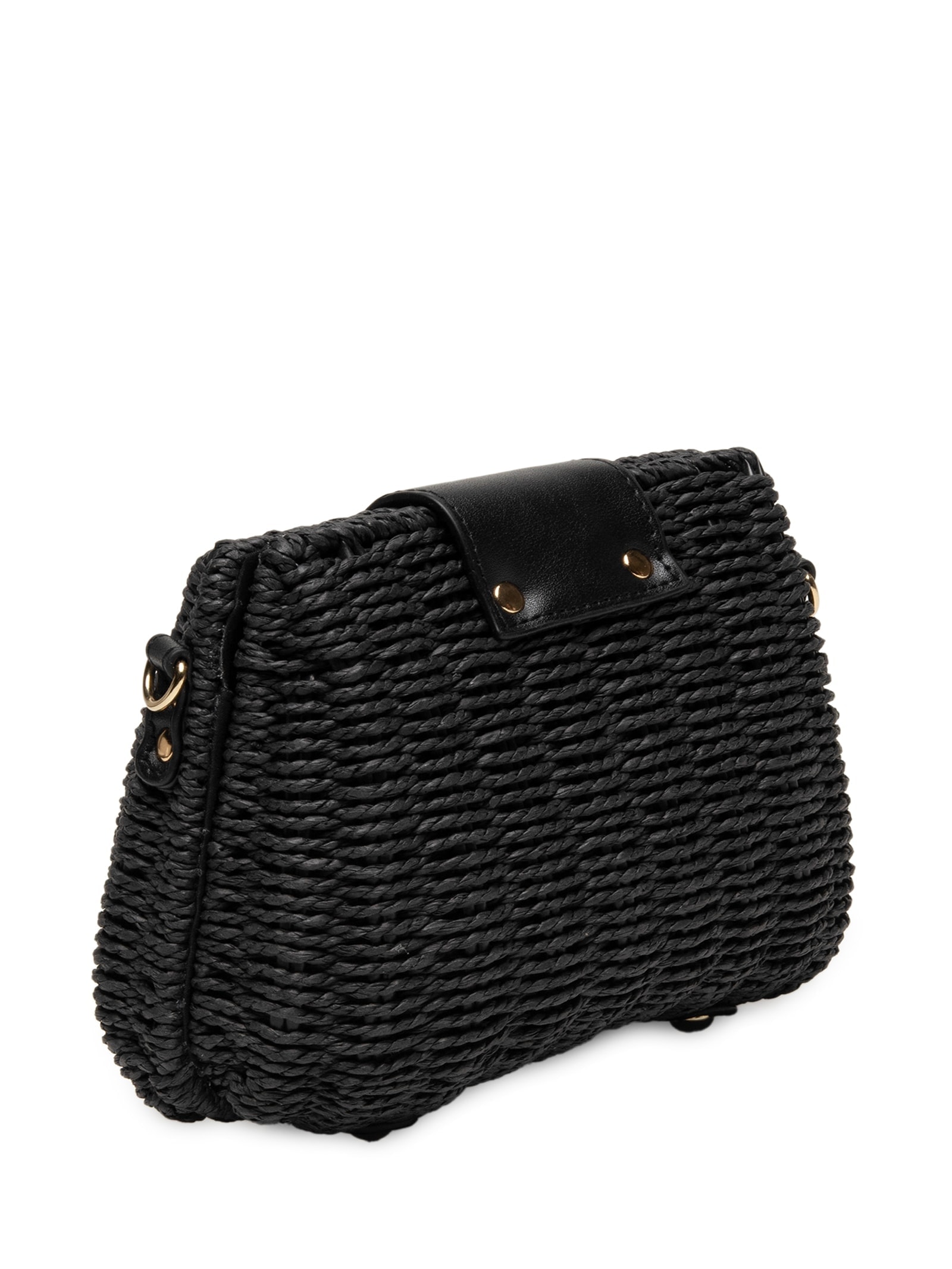Bolsa Feminina Palha com Detalhes em Couro Preto Basiq