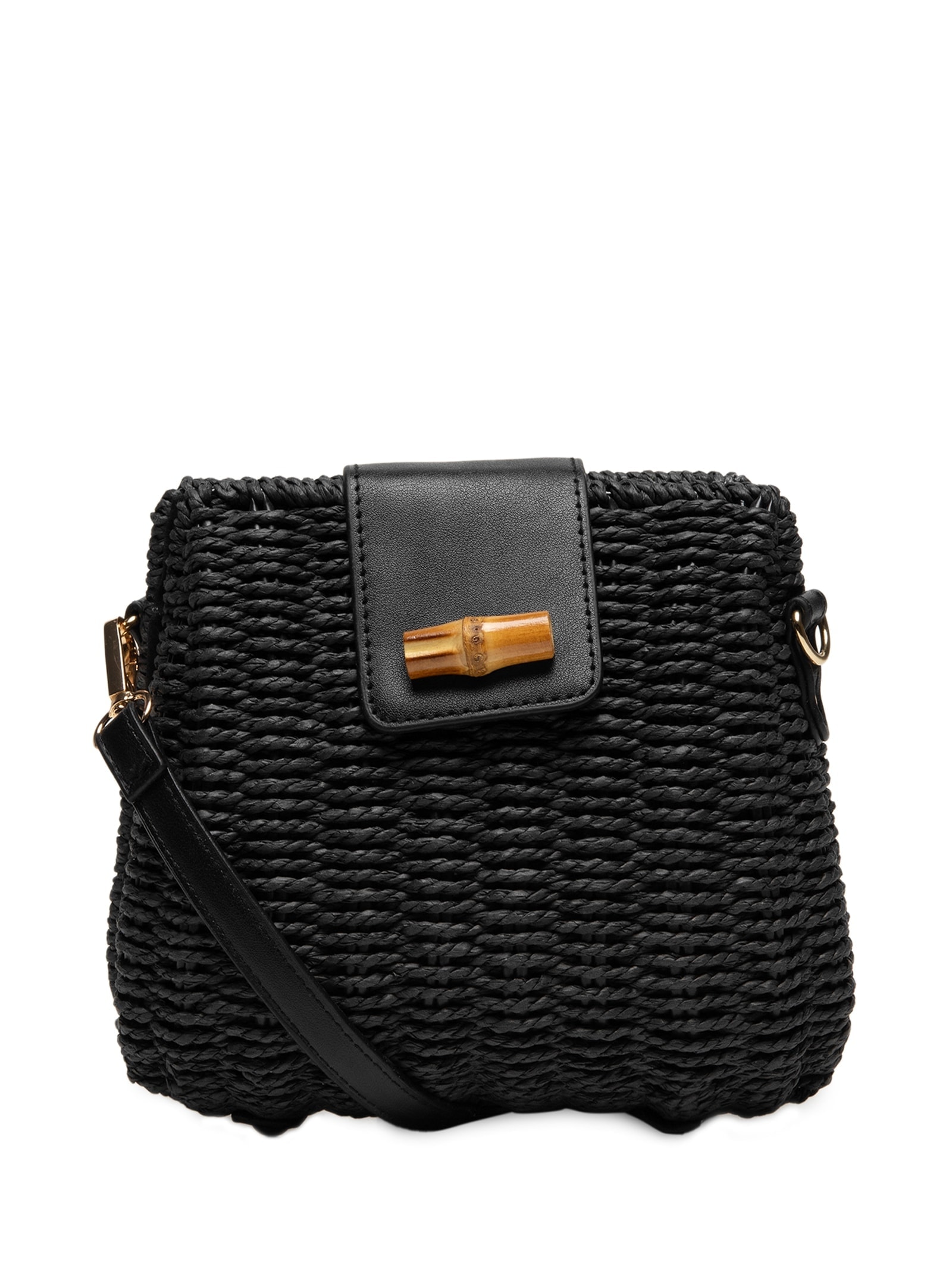 Bolsa Feminina Palha com Detalhes em Couro Preto Basiq