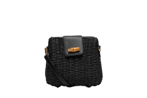 Bolsa Feminina Palha com Detalhes em Couro - Preto