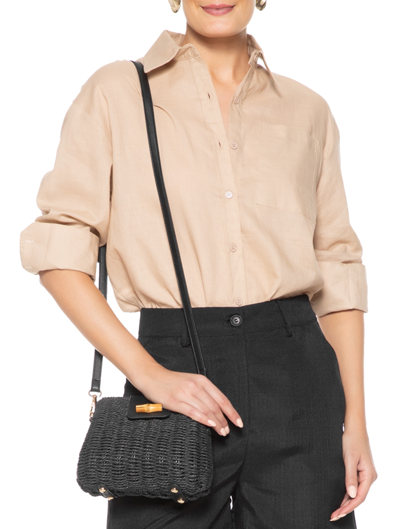 Bolsa Feminina Palha com Detalhes em Couro Preto Basiq