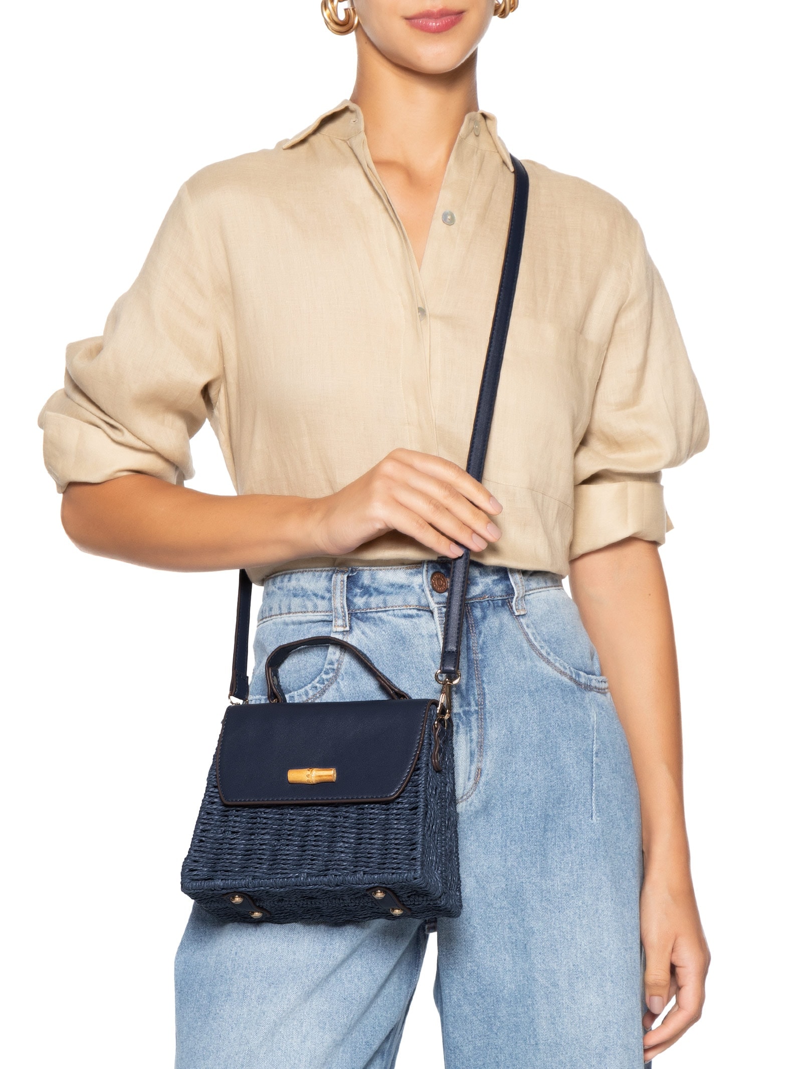 Bolsa Feminina Palha Com Detalhes Em Couro Sintético Azul Basiq