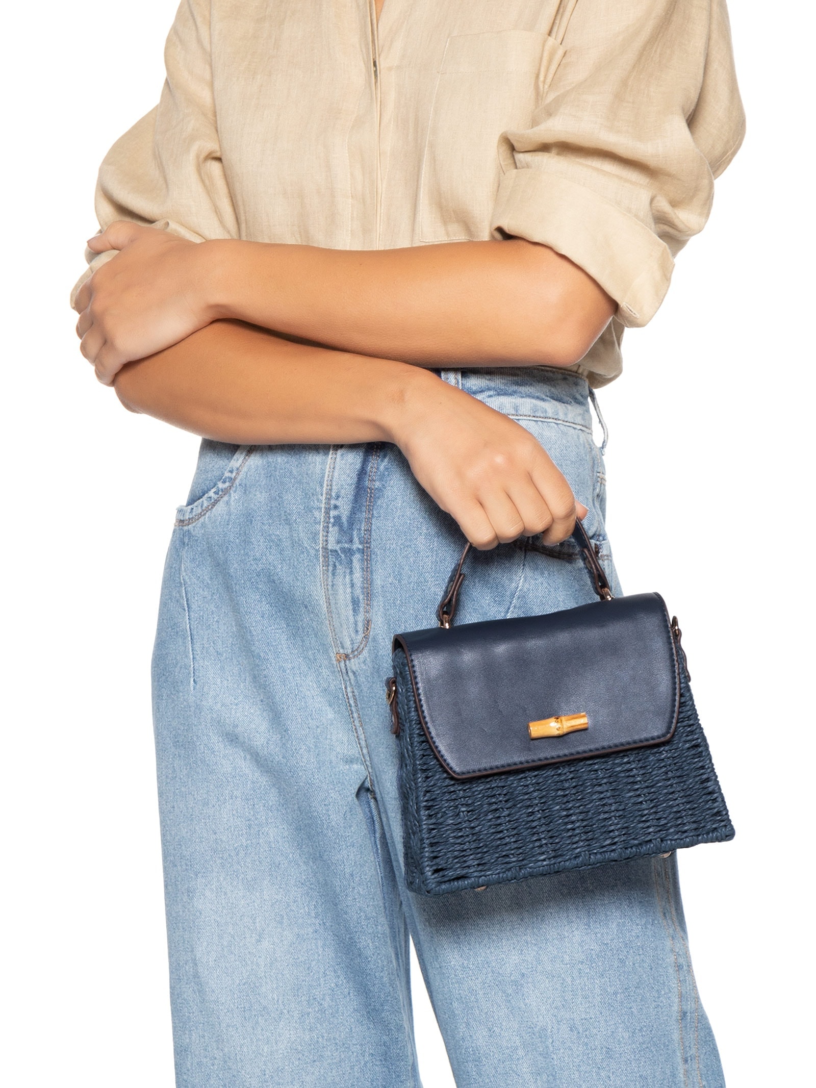 Bolsa Feminina Palha Com Detalhes Em Couro Sintético Azul Basiq