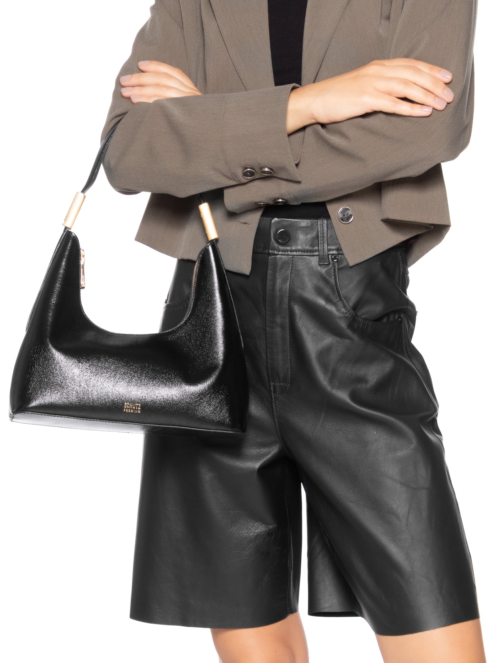 Bolsa Feminina Pequena Hobo Tiracolo Couro Preto Schutz