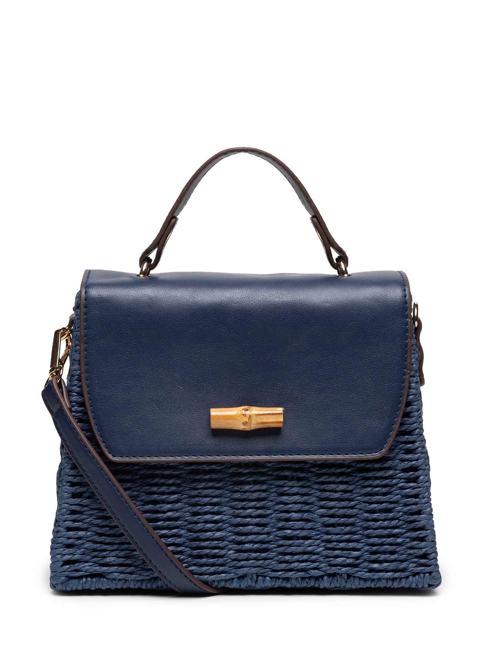 Bolsa Feminina Quadrada Palha Com Detalhes Em Couro Sintético Azul Basiq