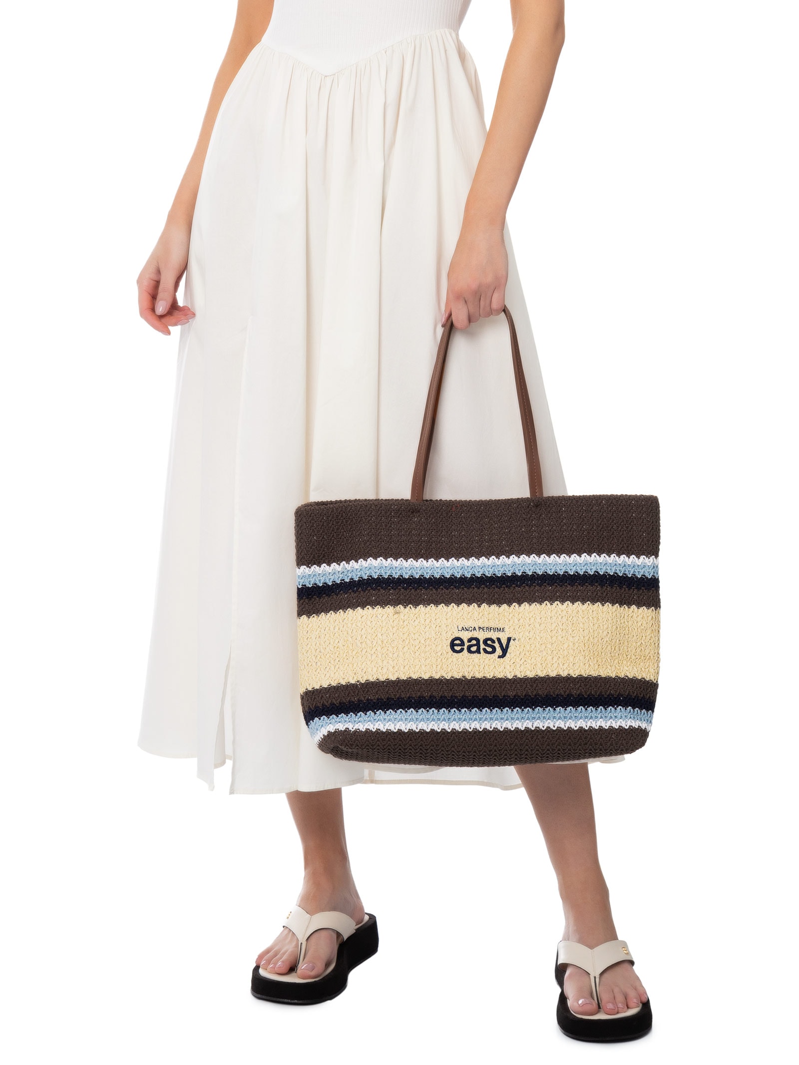 Bolsa Feminina Shopping Listras Tramada Easy Marrom Lança Perfume