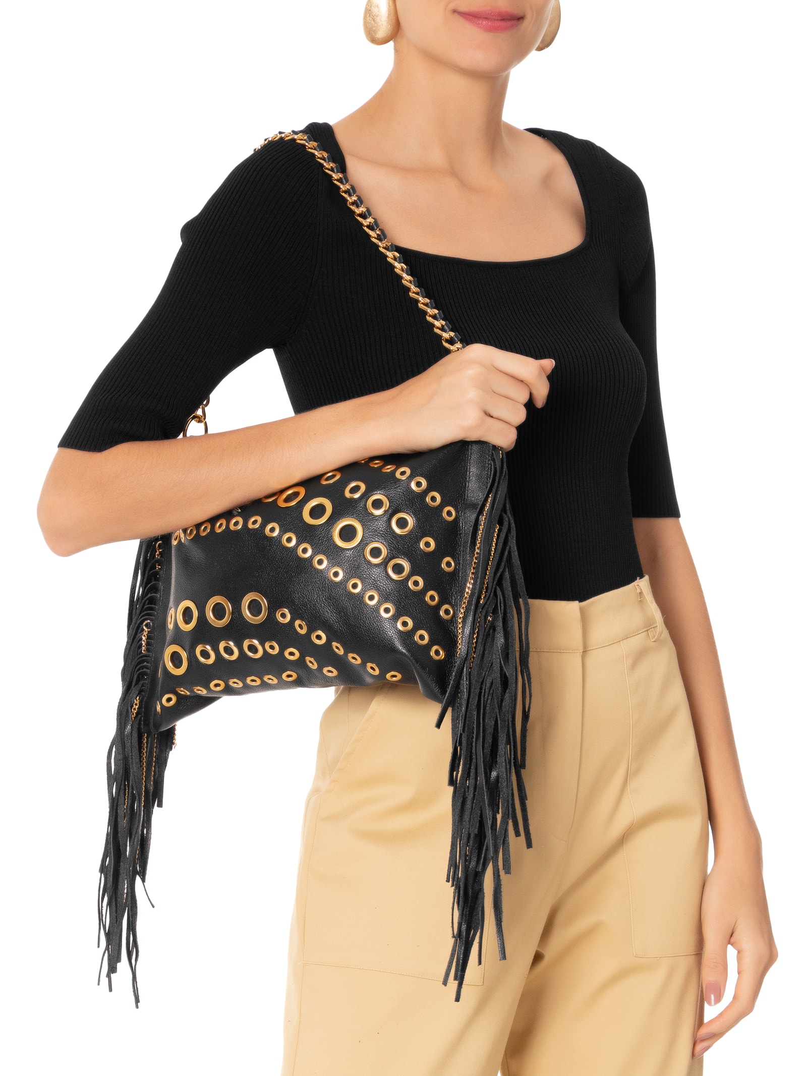 Bolsa Feminina Tiracolo Couro Grande Franjas Preto Arezzo