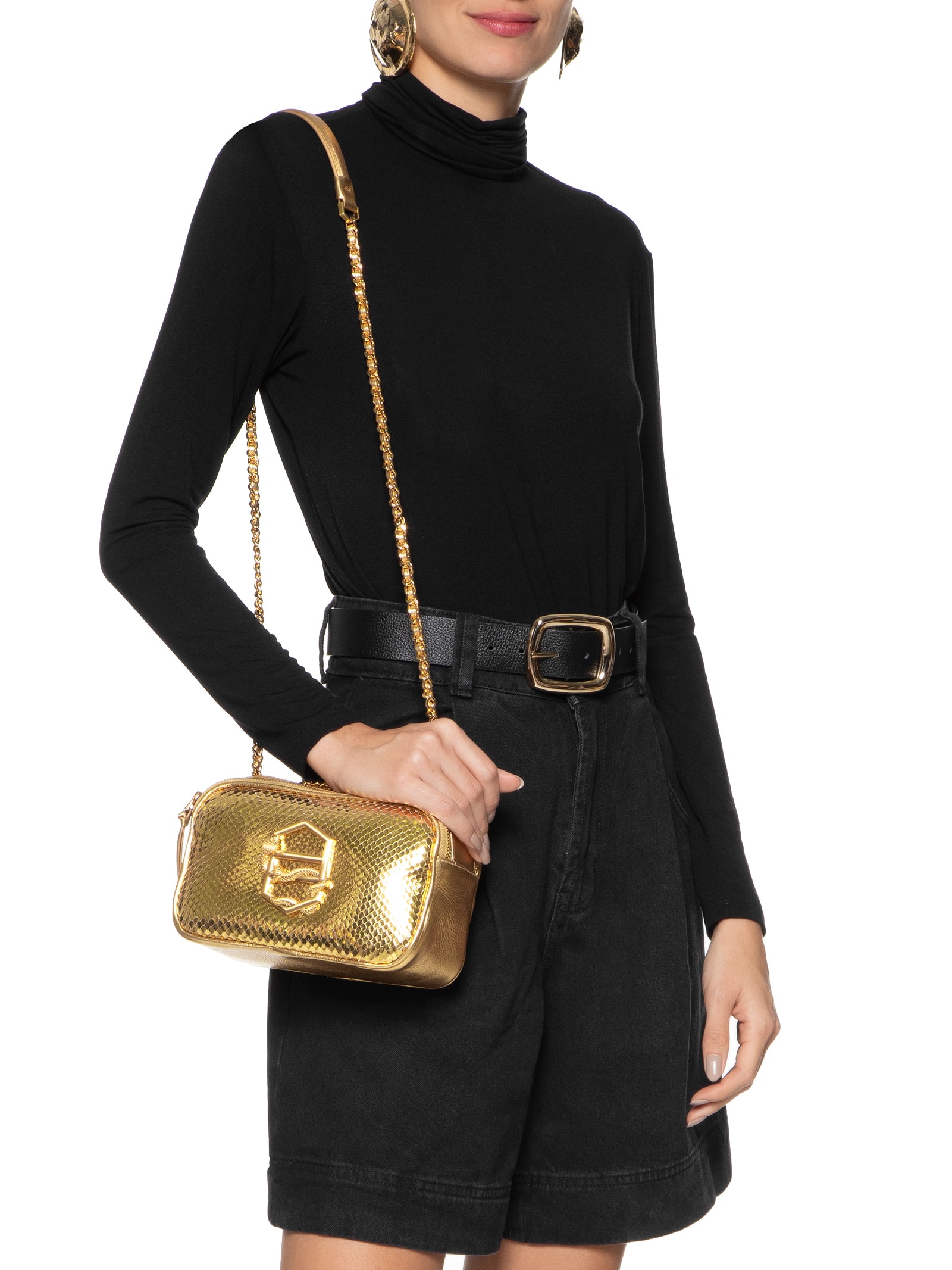 Bolsa Feminina Tiracolo Couro Snake Pequena Zíper - Dourada - Arezzo