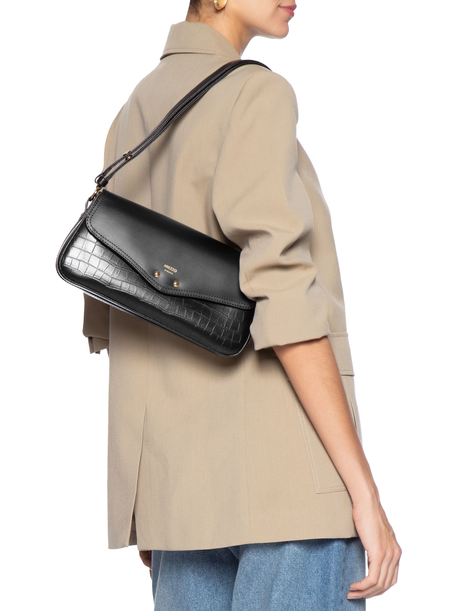 Bolsa Feminina Tiracolo Média Croco Preto Arezzo