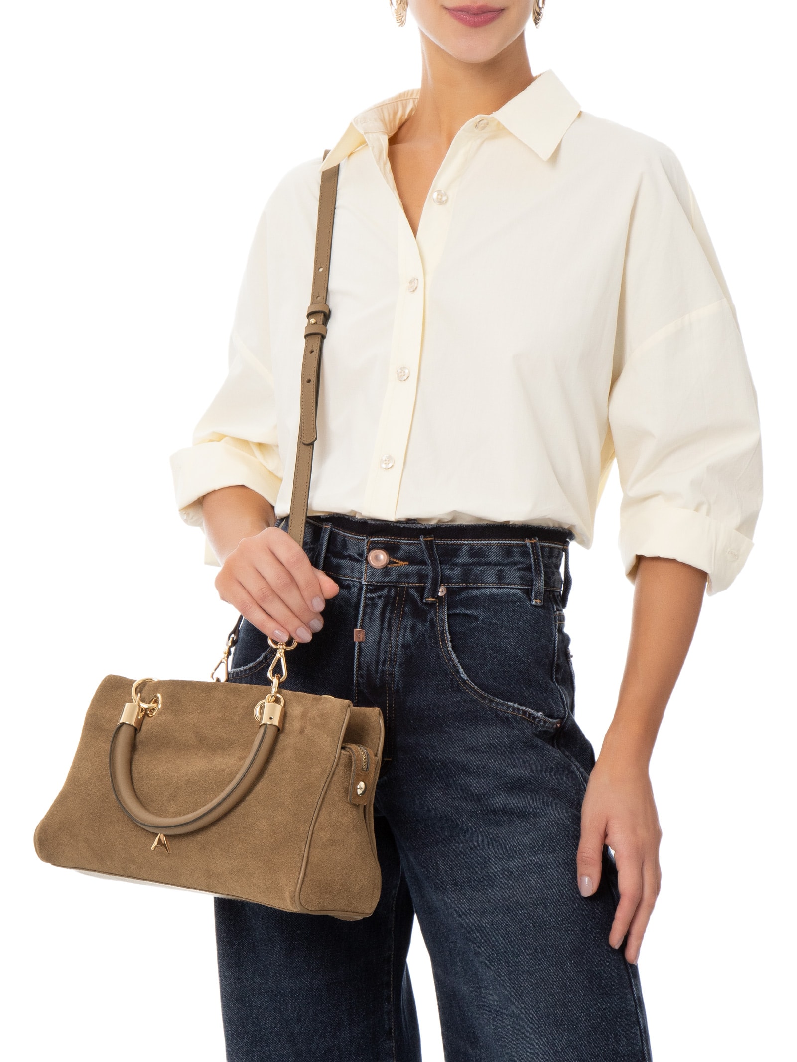 Bolsa Feminina Tiracolo Média Suede Leather Saddle Gingerbread Marrom Carrano