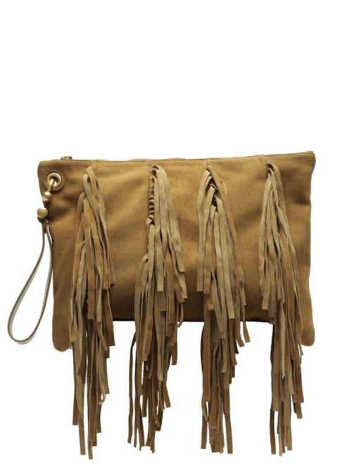 Bolsa Feminina Tiracolo Suede Grande Franjas – Bege