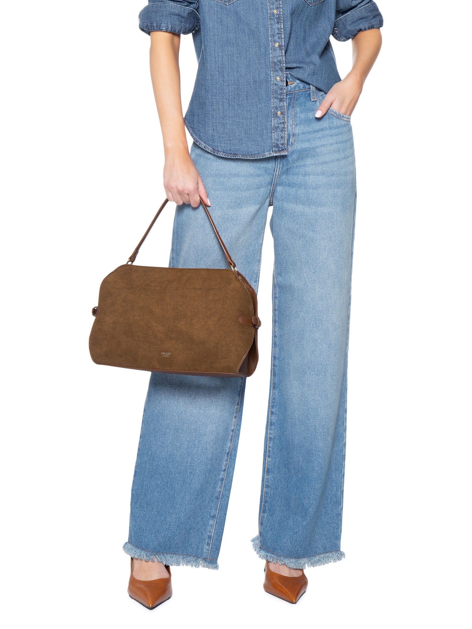 Bolsa Feminina Tote Camurça Grande Tiras Laterais Marrom Arezzo