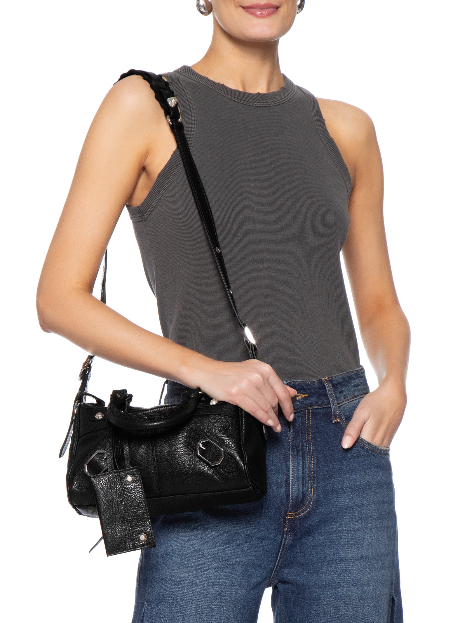 Bolsa Feminina Tote Couro Pequena Alça Tressê Preto Arezzo